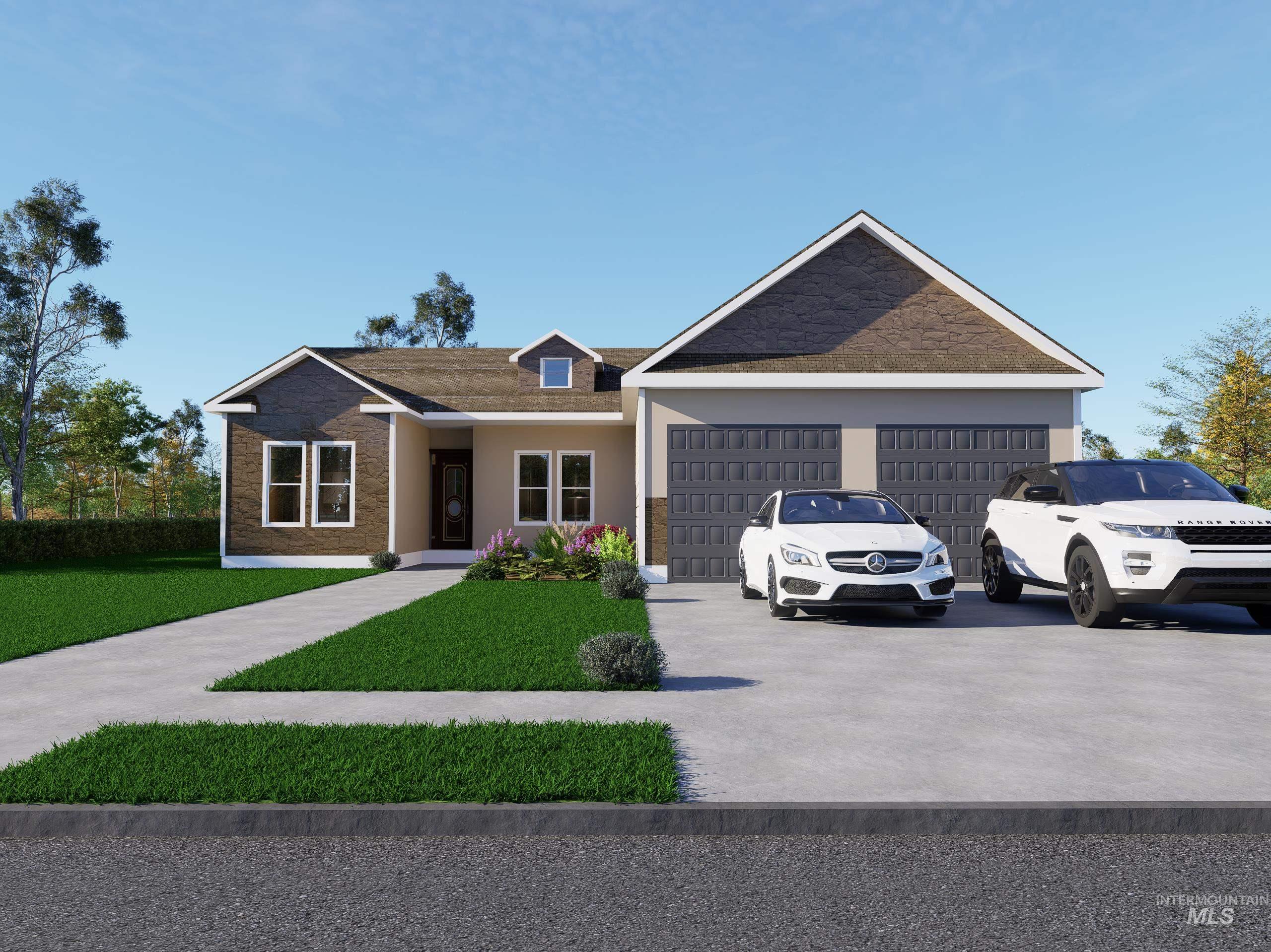 Ranch-style house with driveway, stucco siding, an attached garage, a shingled roof, and a front yard