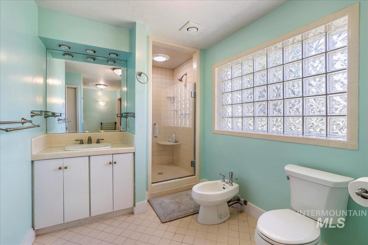 Bathroom with light tile patterned floors, a stall shower, vanity, a bidet, and plenty of natural light