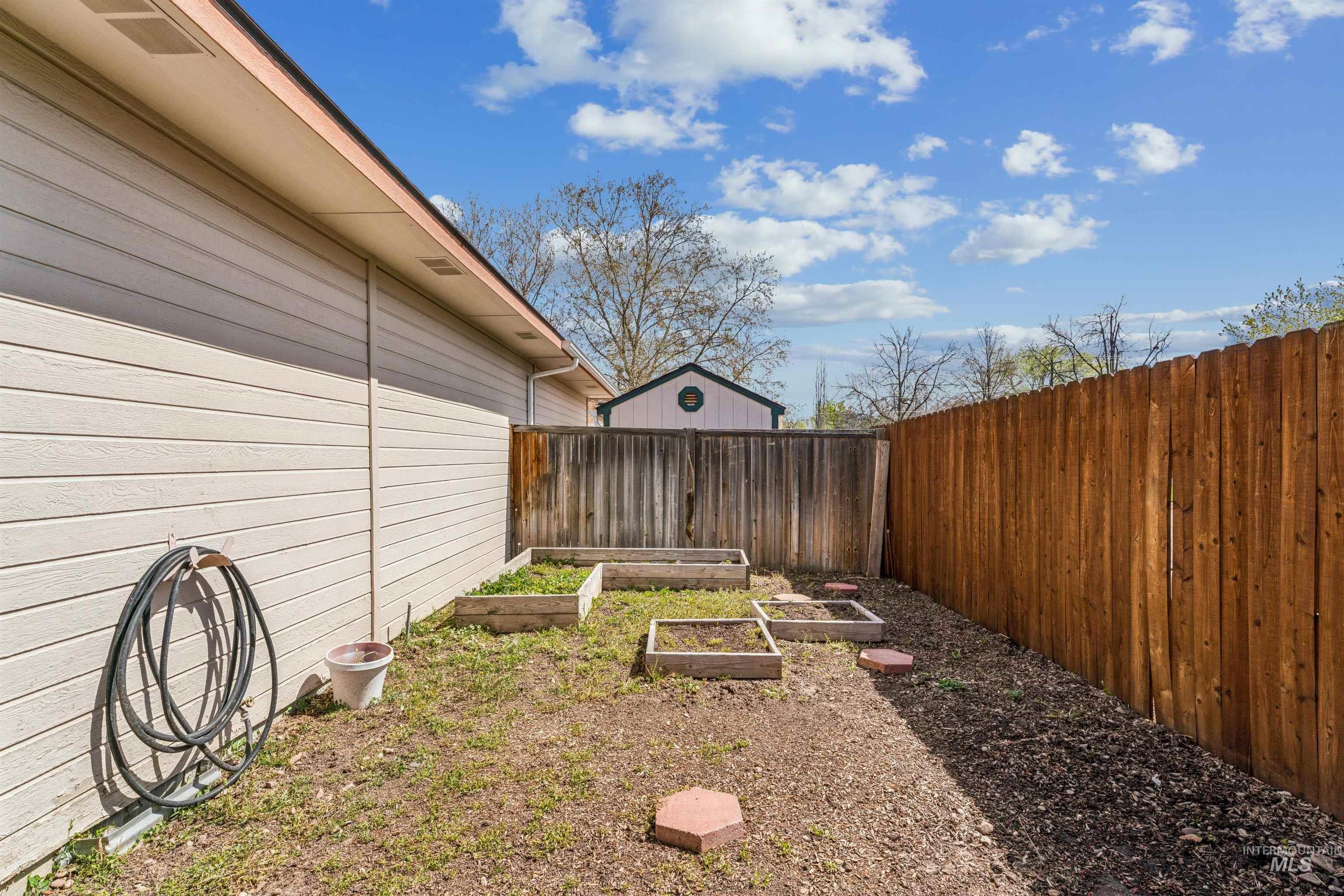 Fenced backyard with a garden
