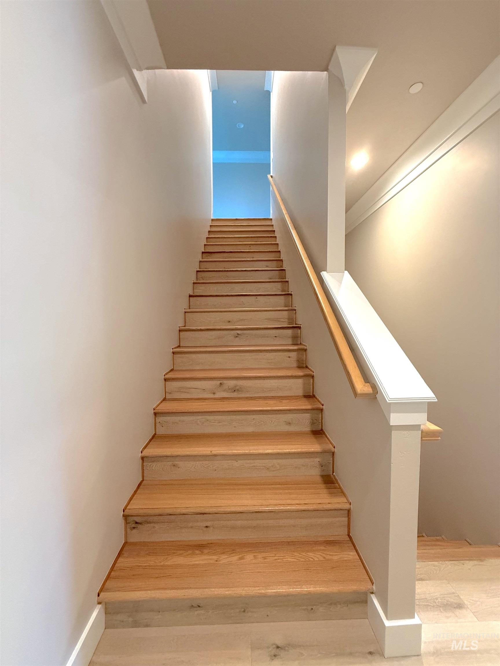 Staircase featuring wood finished floors and ornamental molding
