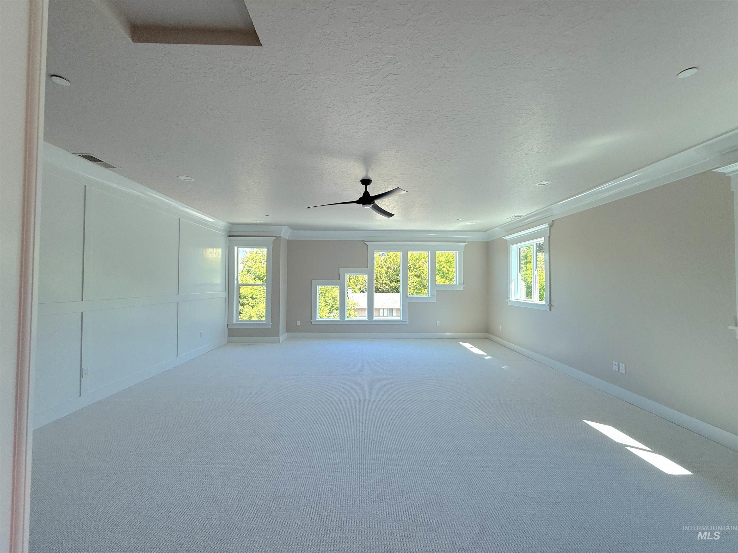 Carpeted empty room featuring crown molding, healthy amount of natural light, ceiling fan, and a textured ceiling