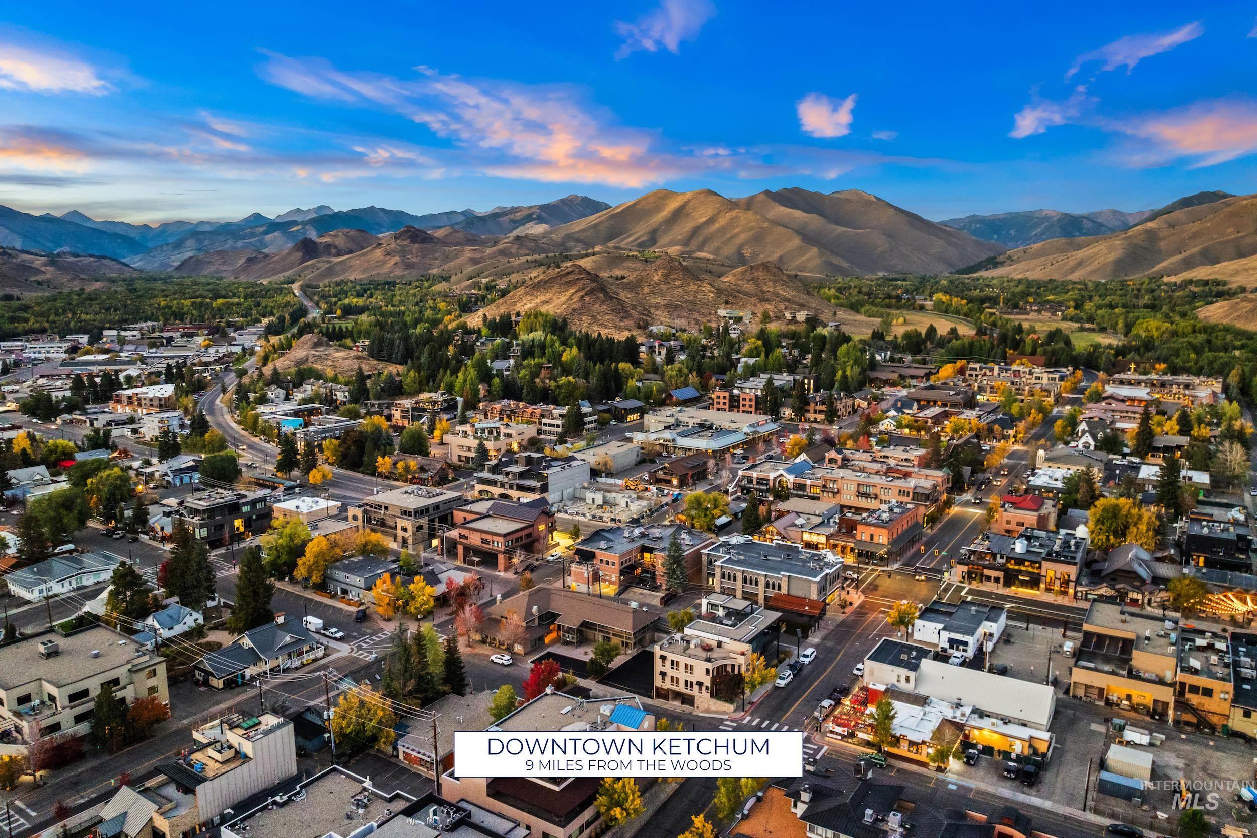 Aerial view of property's location with a mountain backdrop