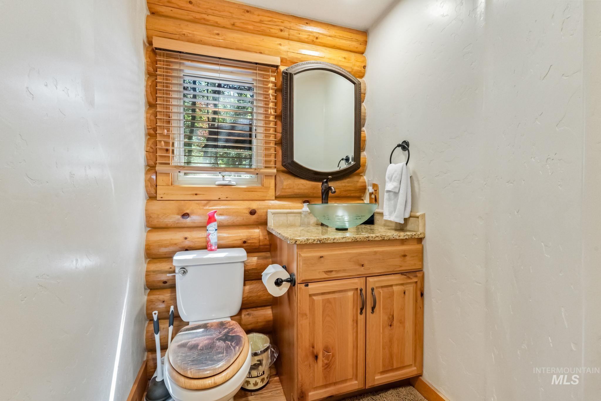 Bathroom featuring log walls and vanity