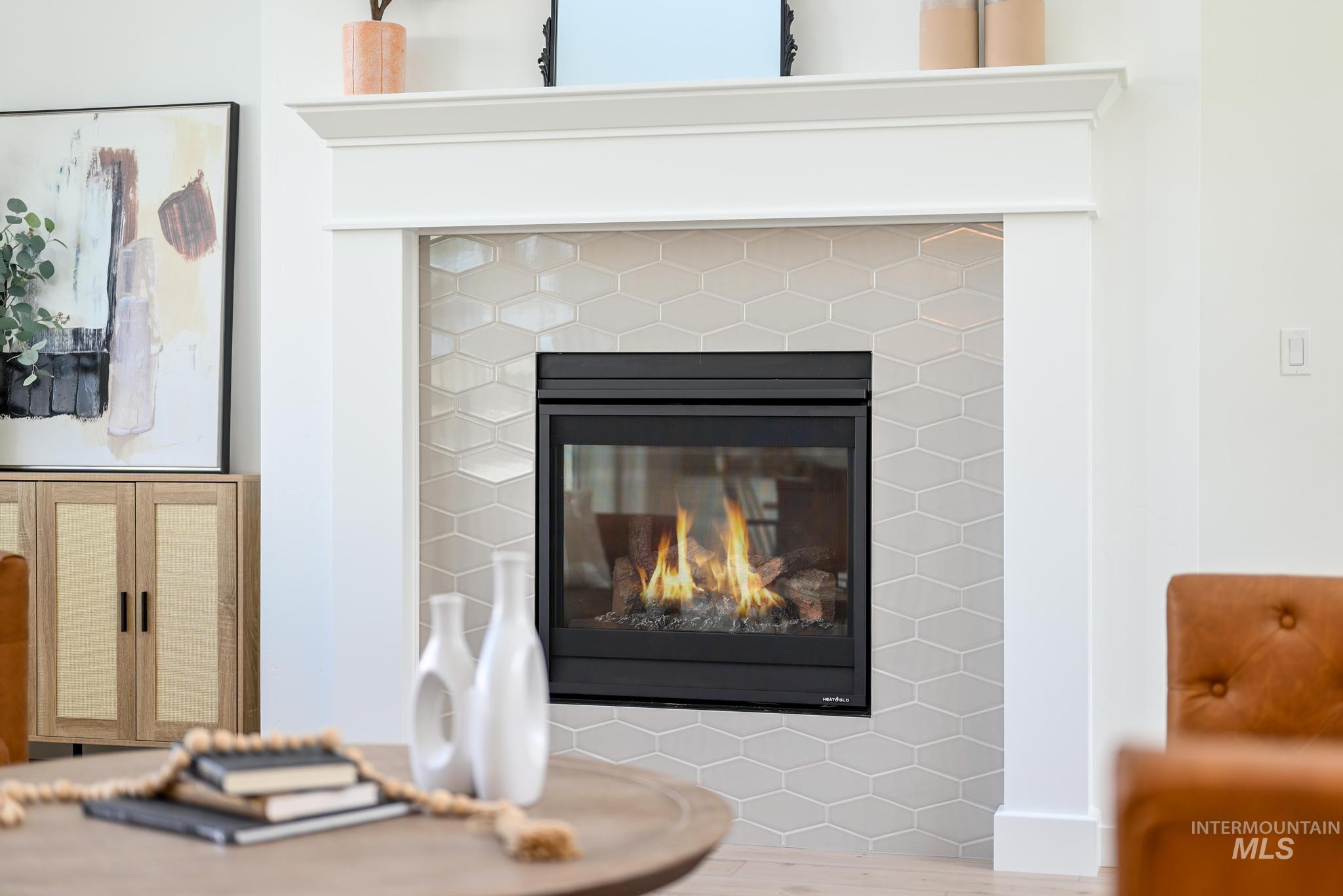 Detailed view of a glass covered fireplace
