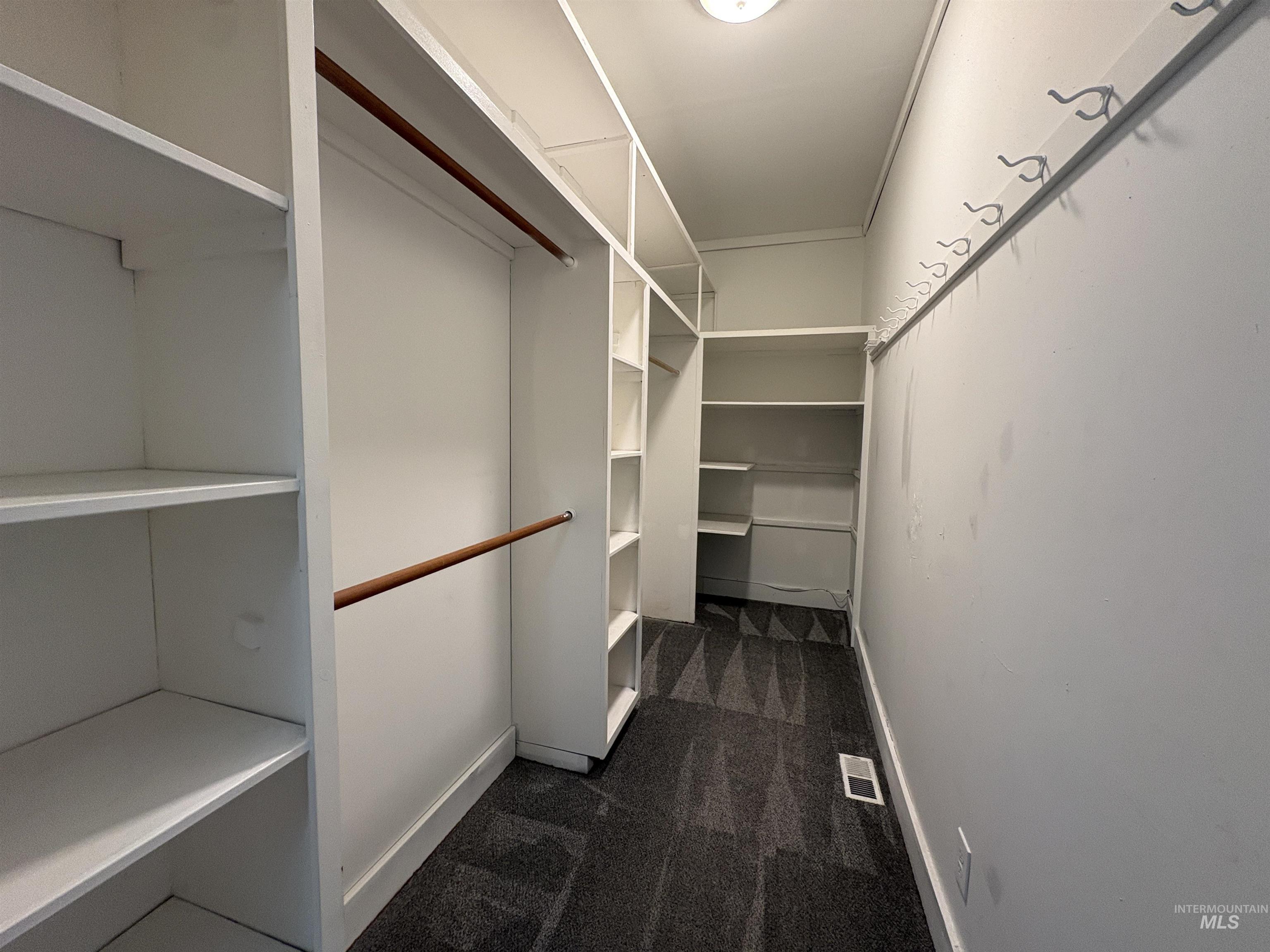 Walk in closet with ample hanging space and shelving.