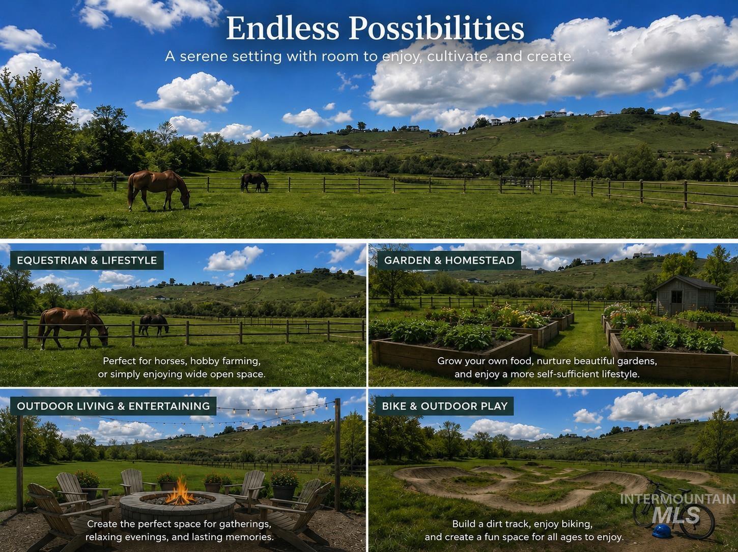 AI-generated concept rendering illustrating the property's potential for equestrian use, gardening, outdoor entertaining, and recreation; actual improvements are not included.