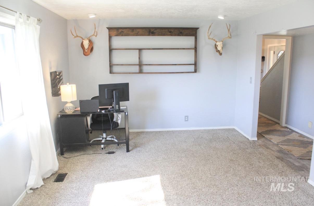 Neutral-toned carpeting spans the room, complemented by light gray wall paint
