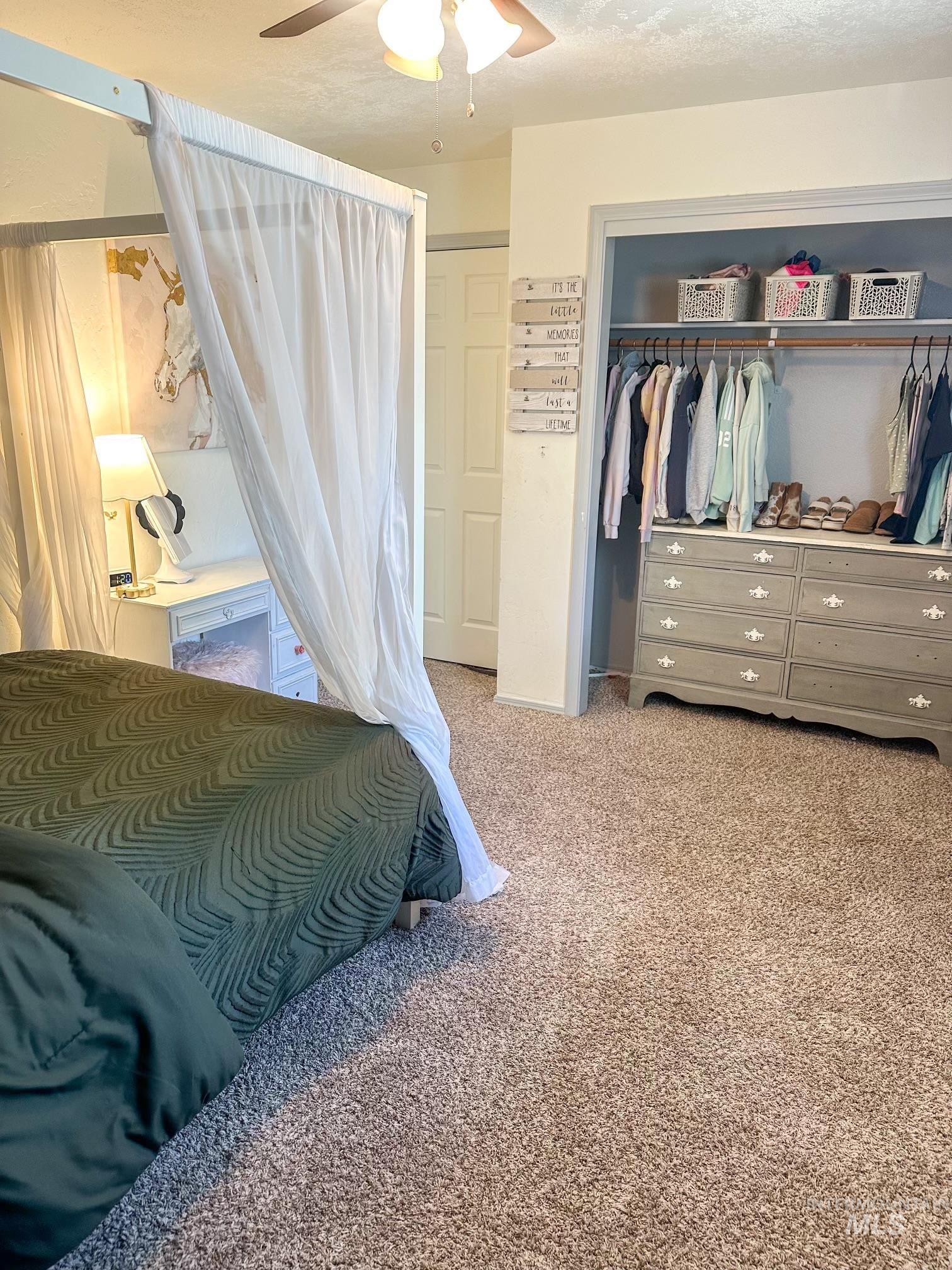 Room featuring plush carpeting, a built-in closet with shelving and hanging rods, a ceiling fan with light fixture, and a solid-core interior door