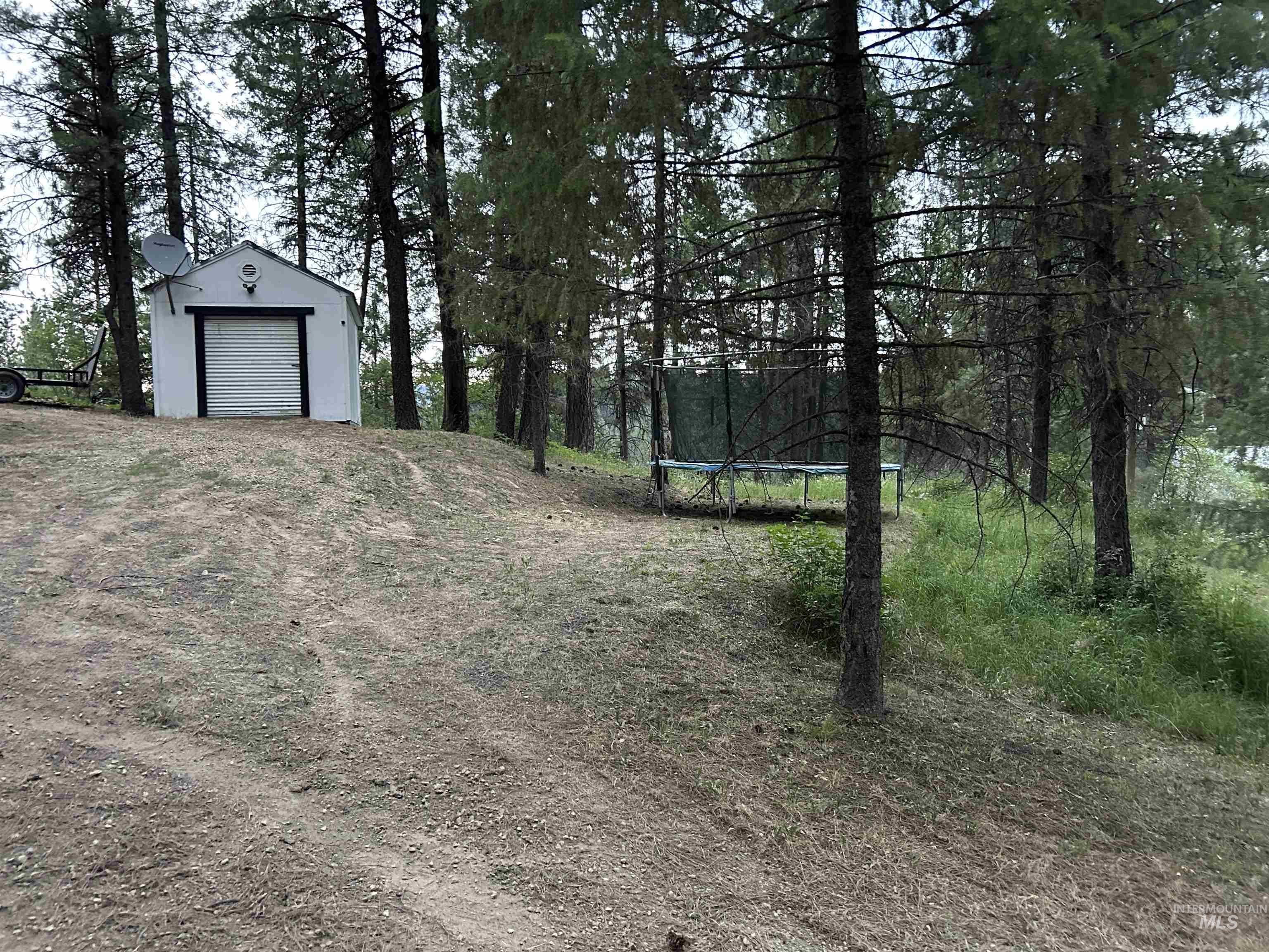 View of yard featuring a trampoline and an outbuilding