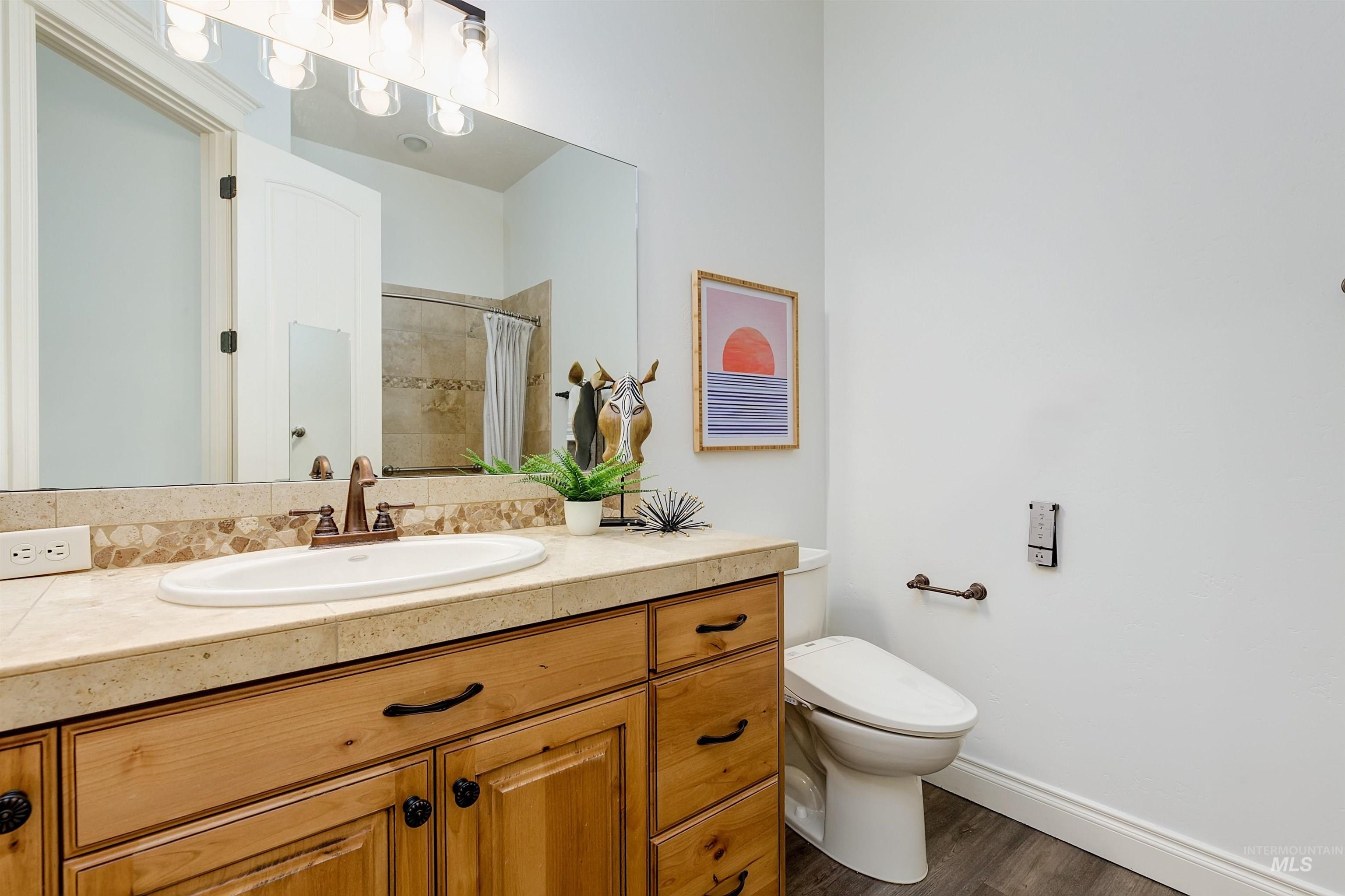 Full bathroom with vanity, a shower with curtain, and dark wood-style floors