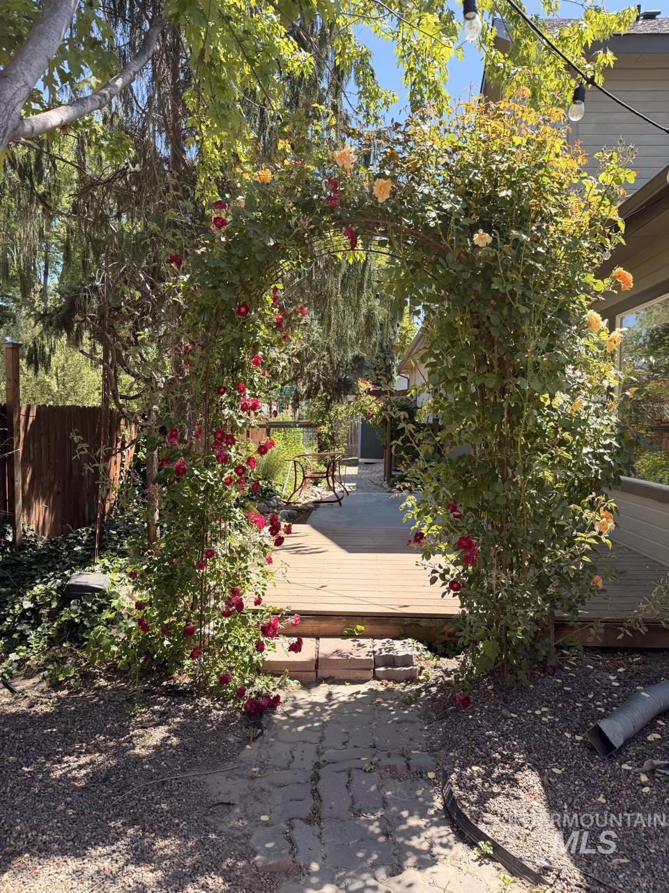 Arched entryway with climbing red and yellow roses, leading to a wood-finish deck