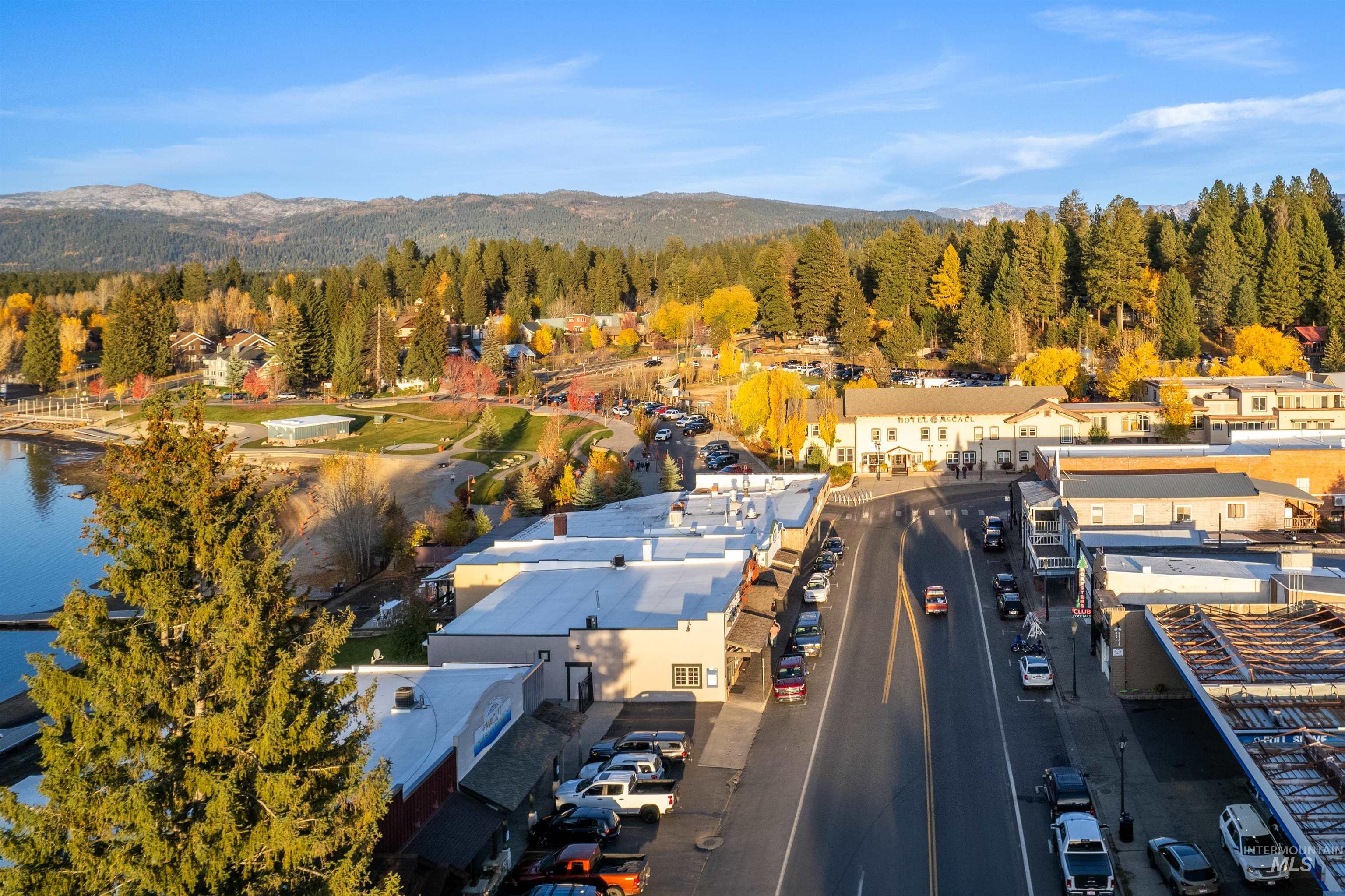Drone / aerial view of a heavily wooded area and a water and mountain view