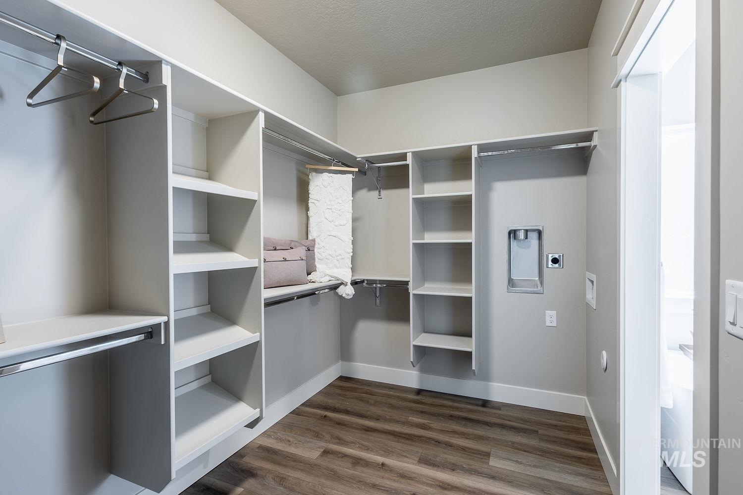 Spacious walk-in closet featuring wood-finish flooring and integrated shelving