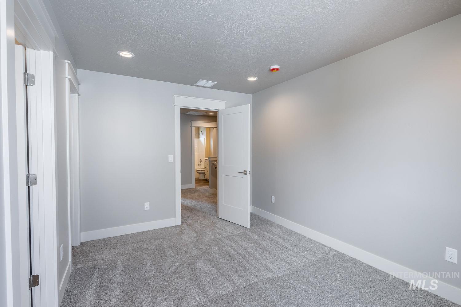 Carpeted room featuring light gray walls, recessed lighting, and white trim