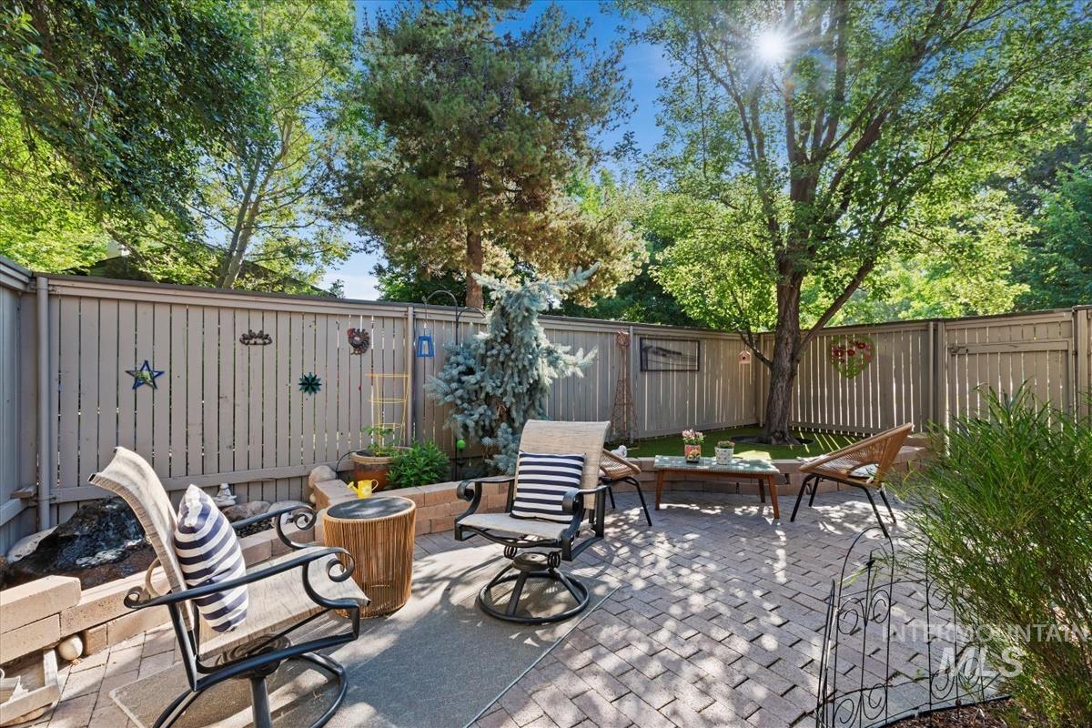 Fenced backyard featuring a patio