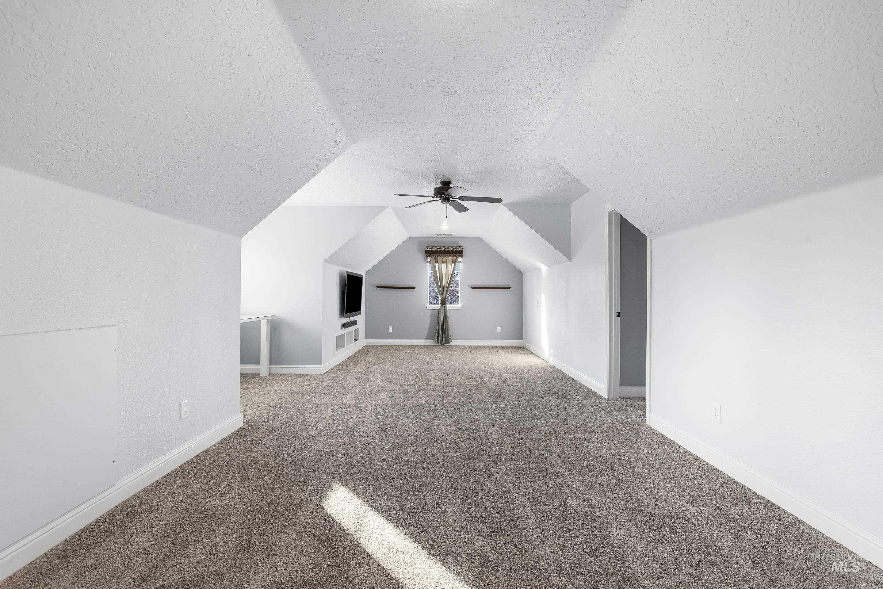 Additional living space with lofted ceiling, carpet, a textured ceiling, and ceiling fan