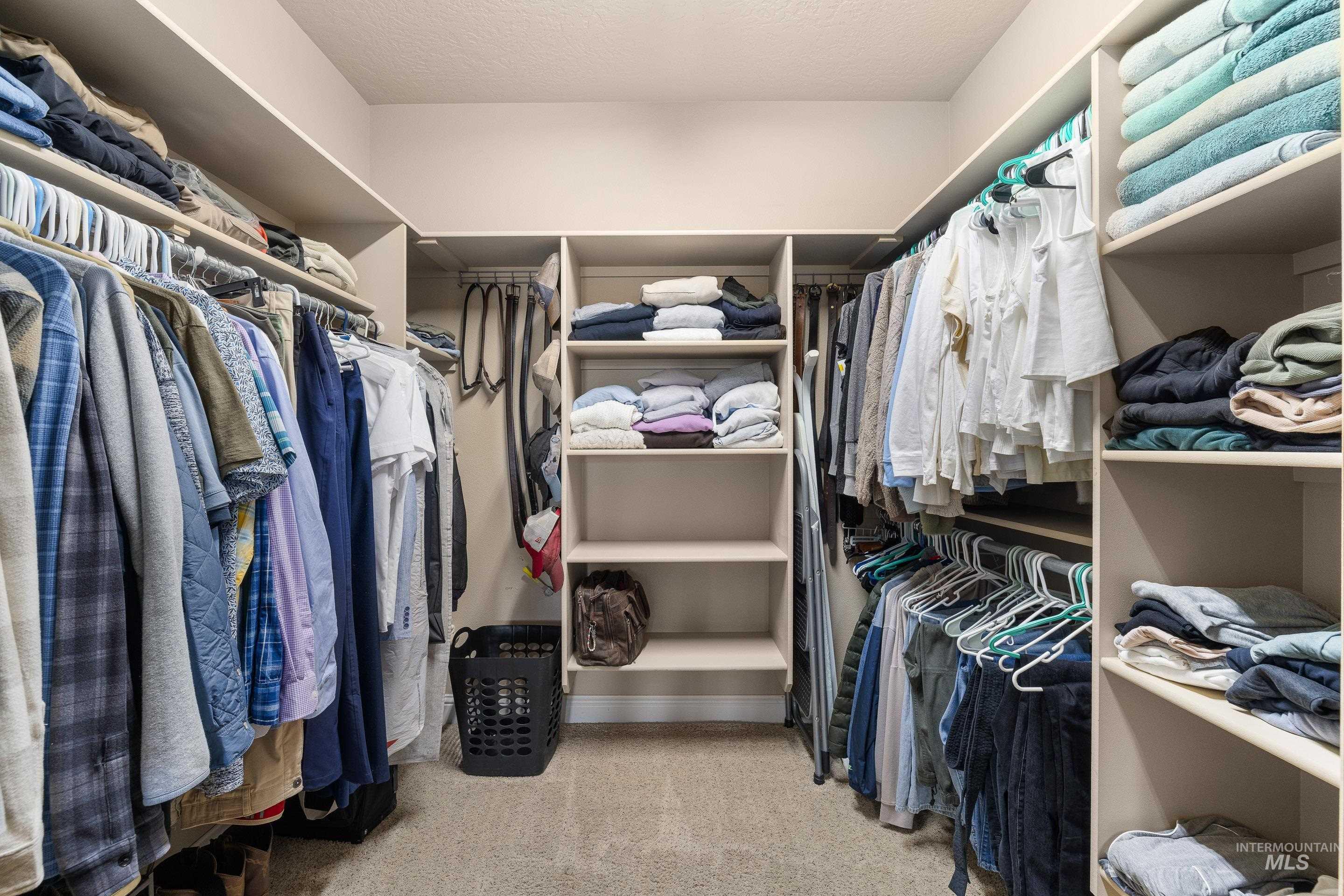 Spacious closet featuring light colored carpet