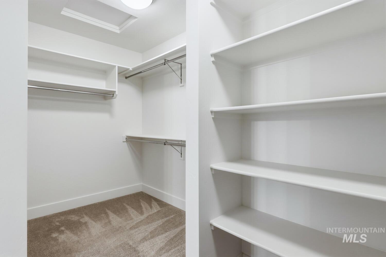 Walk in closet featuring attic access and light carpet