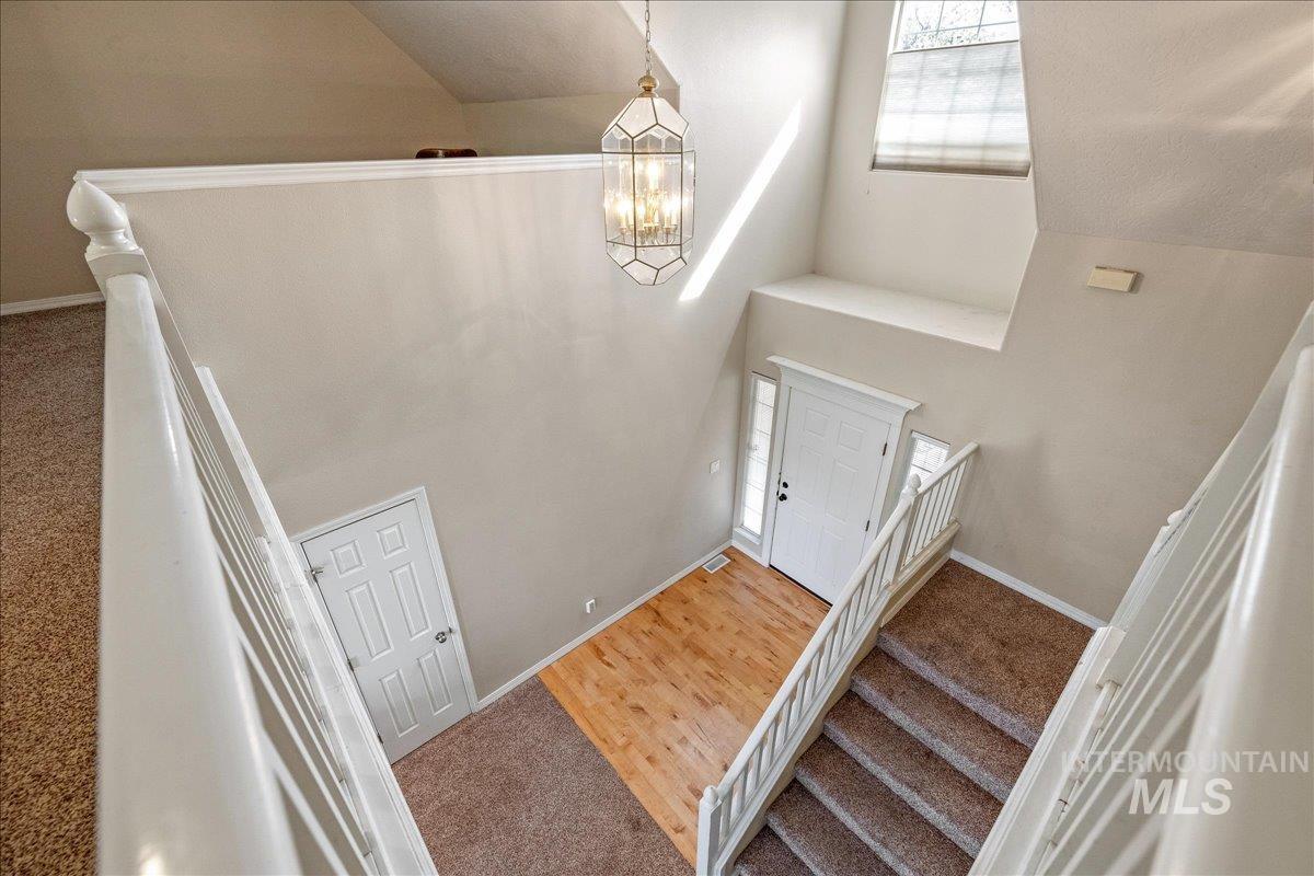 Staircase featuring a chandelier, carpet, healthy amount of natural light, and wood finished floors