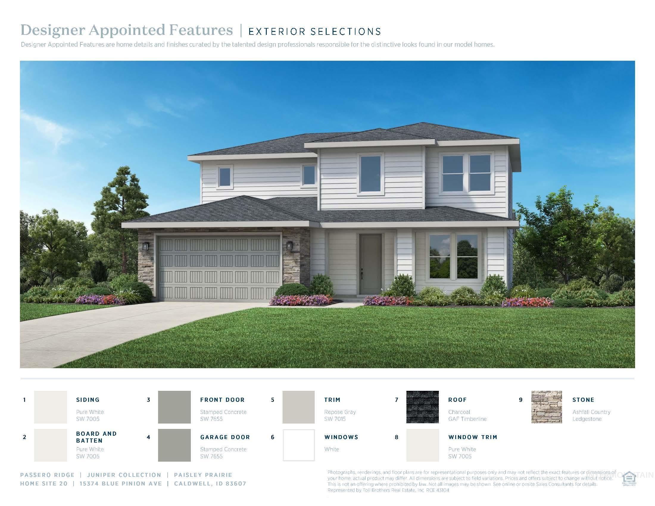 View of front of house with a front lawn, stone siding, a garage, concrete driveway, and a shingled roof