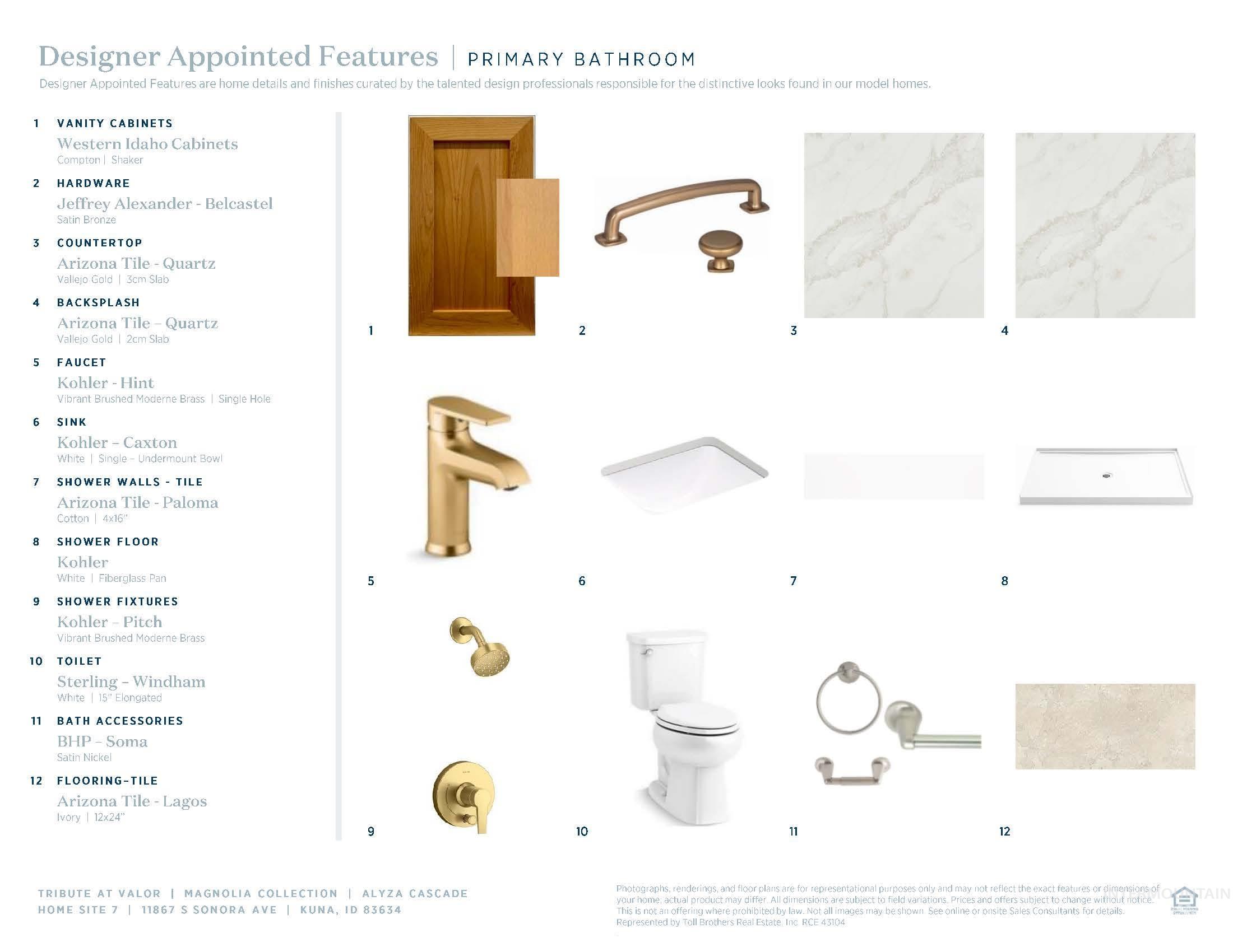 Designer Appointed Features, Primary Bathroom. Listing specific product details and finishes for the bathroom fixtures and surfaces