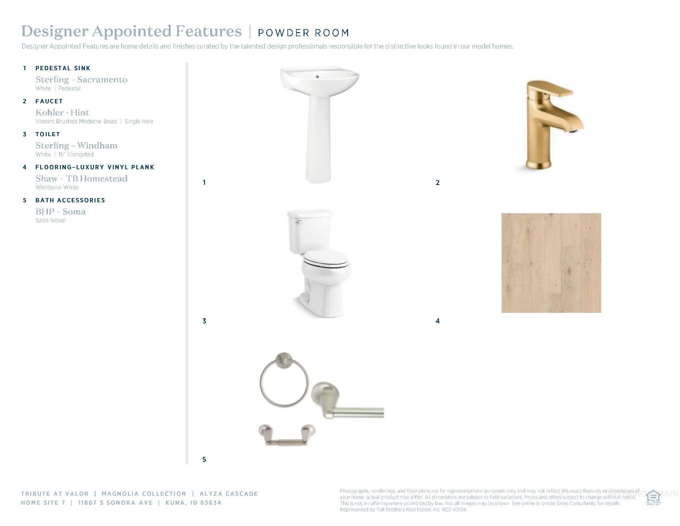 Designer Appointed Features, Powder Room. Detailing property fixture and material specifications
