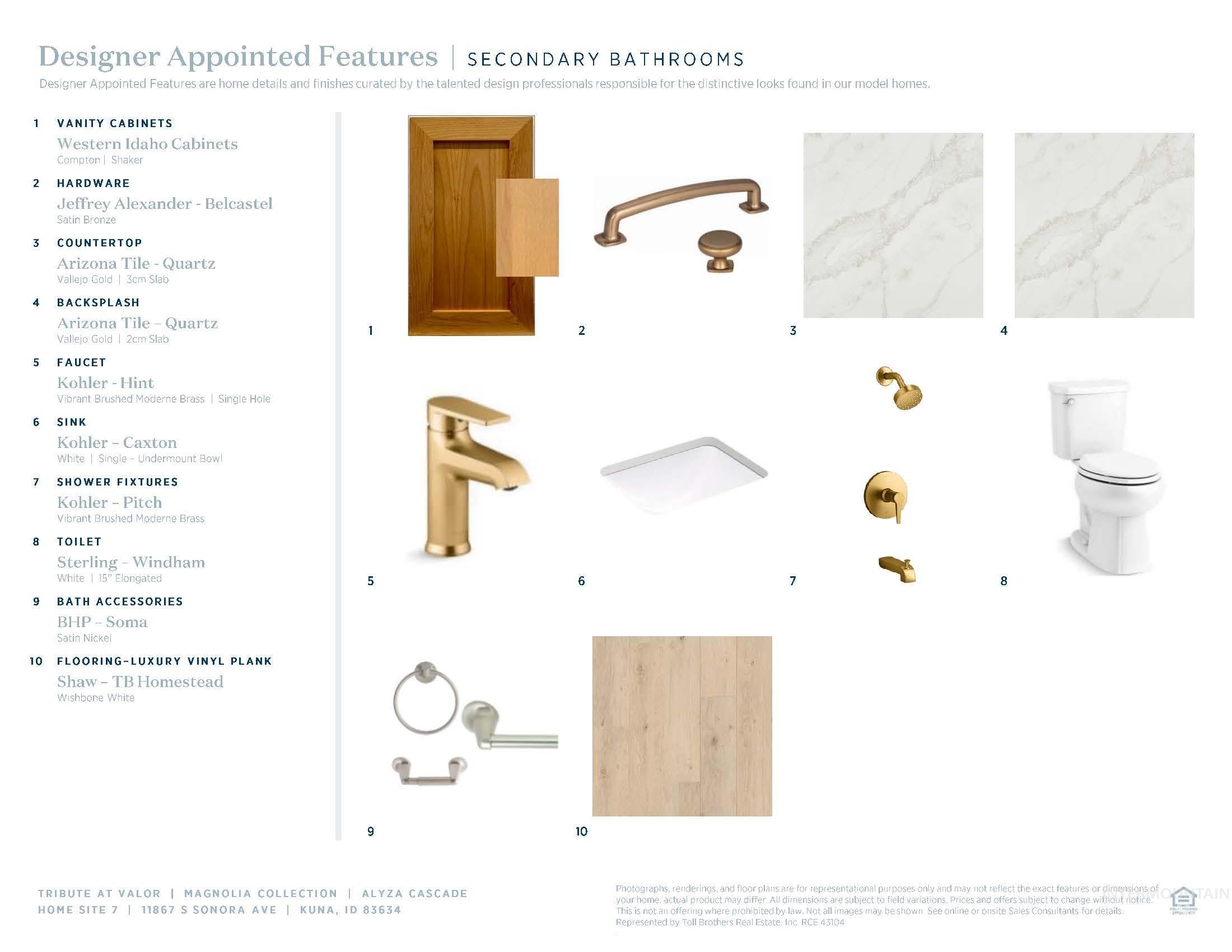 Designer Appointed Features, Secondary Bathrooms. Itemizing the specific finishes and fixtures for the property's secondary bathrooms