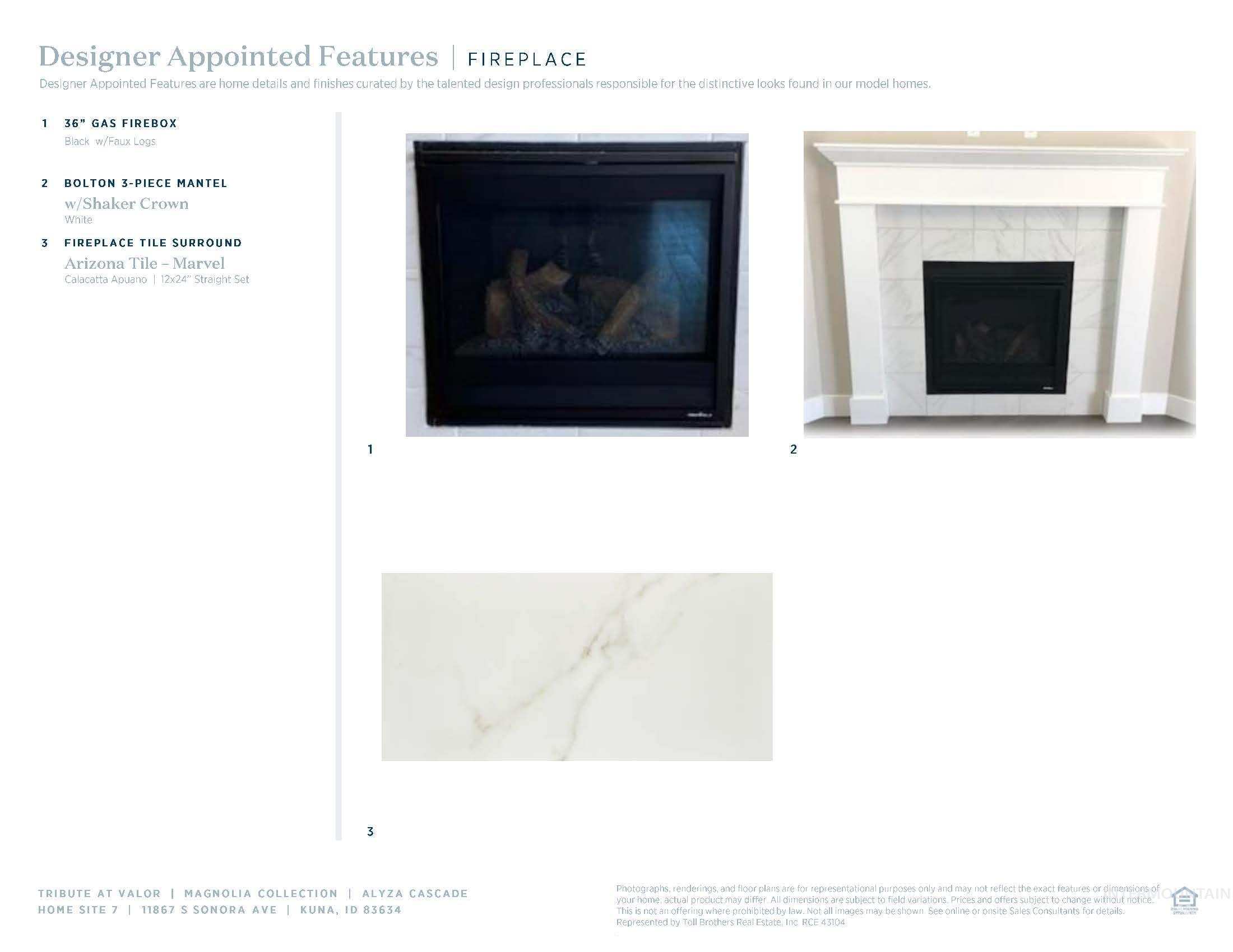Marketing Material, Fireplace Features. Presenting designer-selected elements for the fireplace within the property