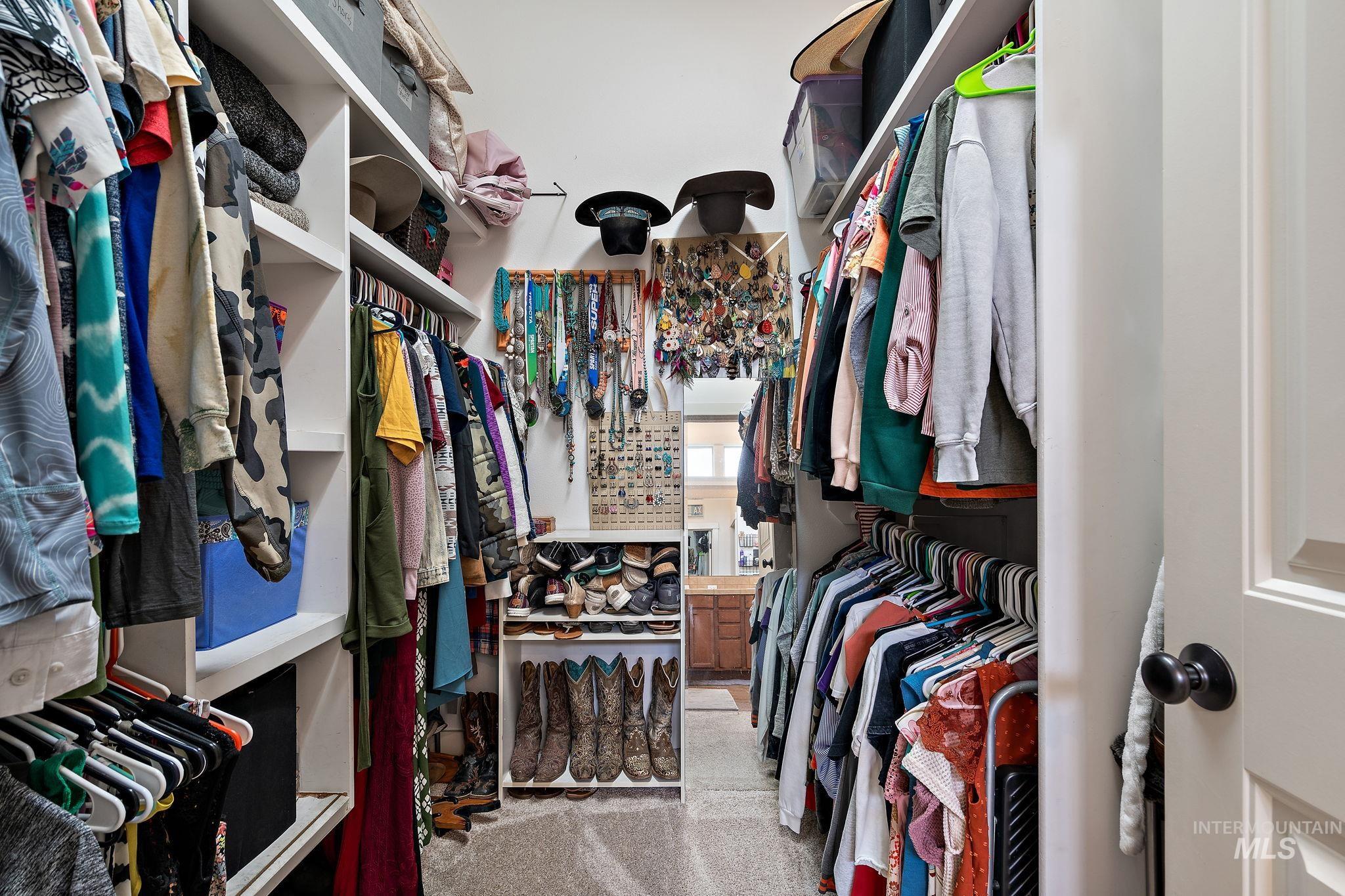 Walk in closet featuring light carpet