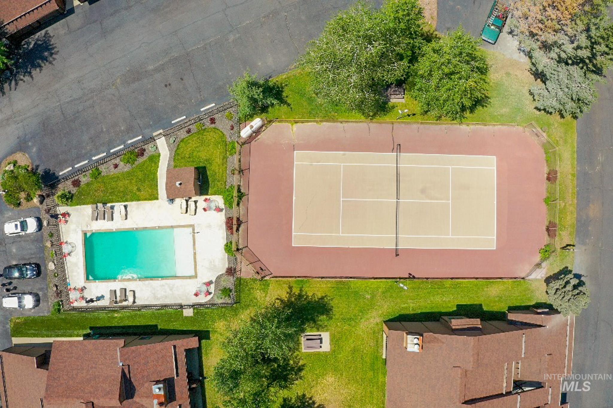 Drone / aerial view of a pool area