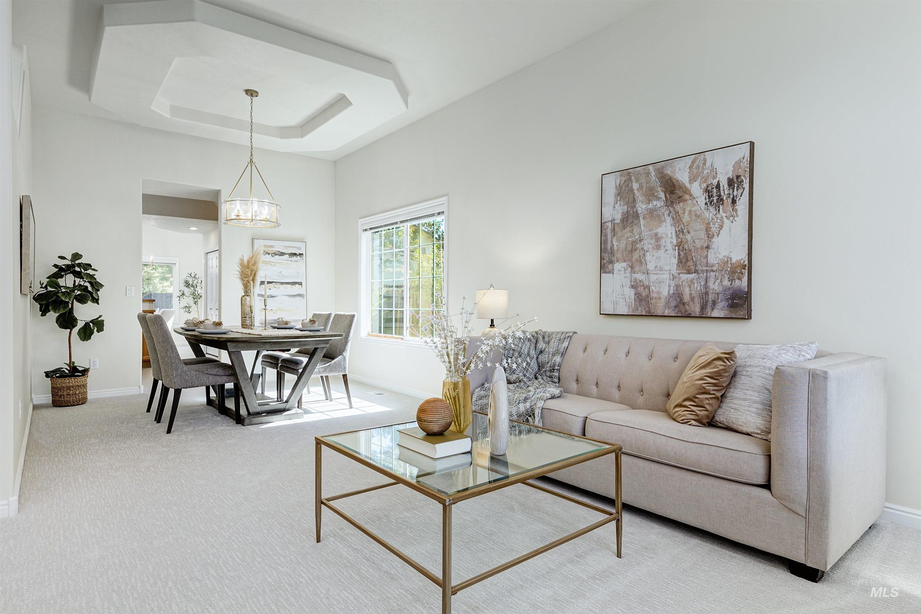 Living area featuring a tray ceiling and carpet flooring