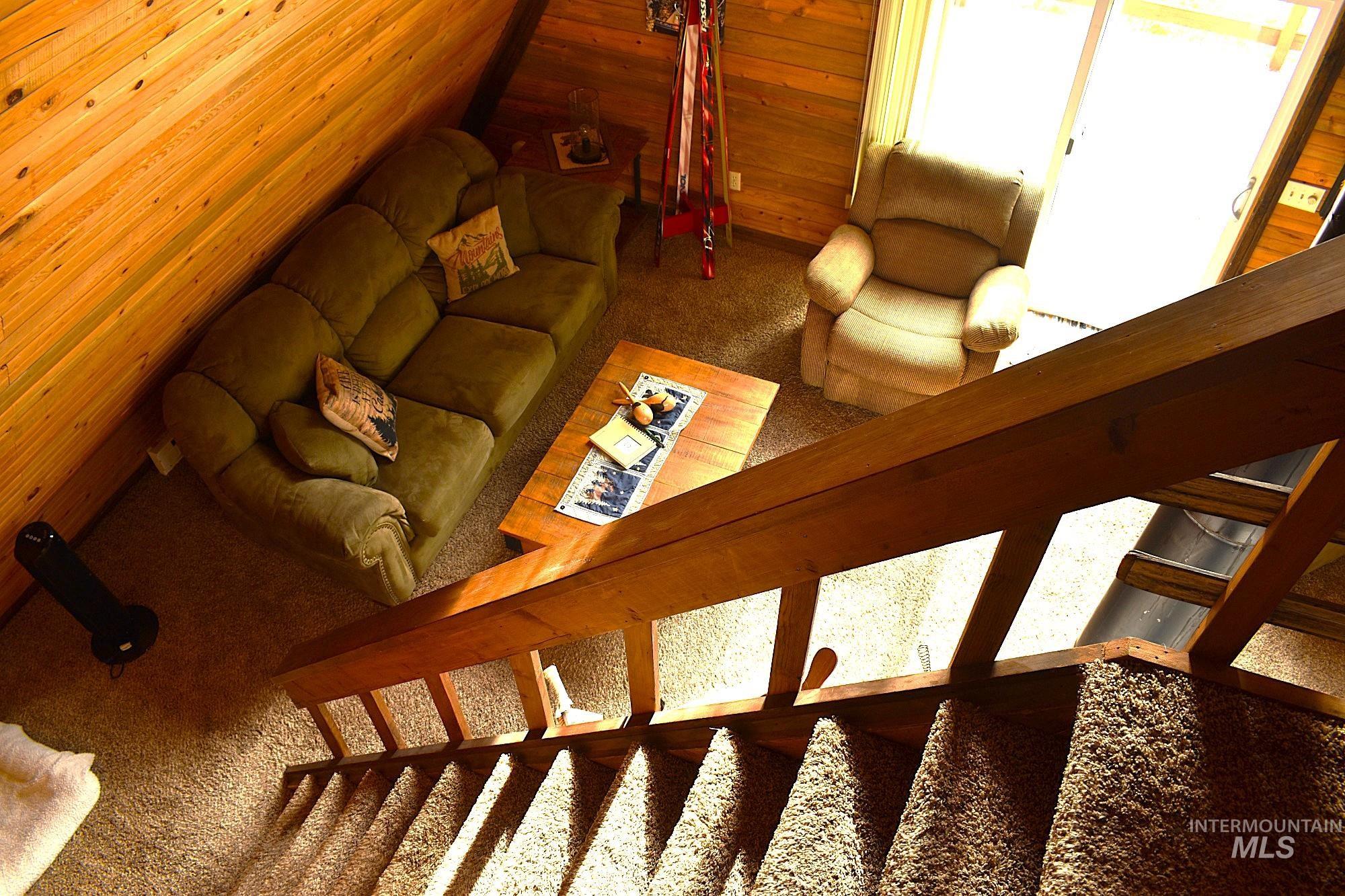 Upper-level perspective showcasing a living space with warm wood-paneled walls and textured carpeting