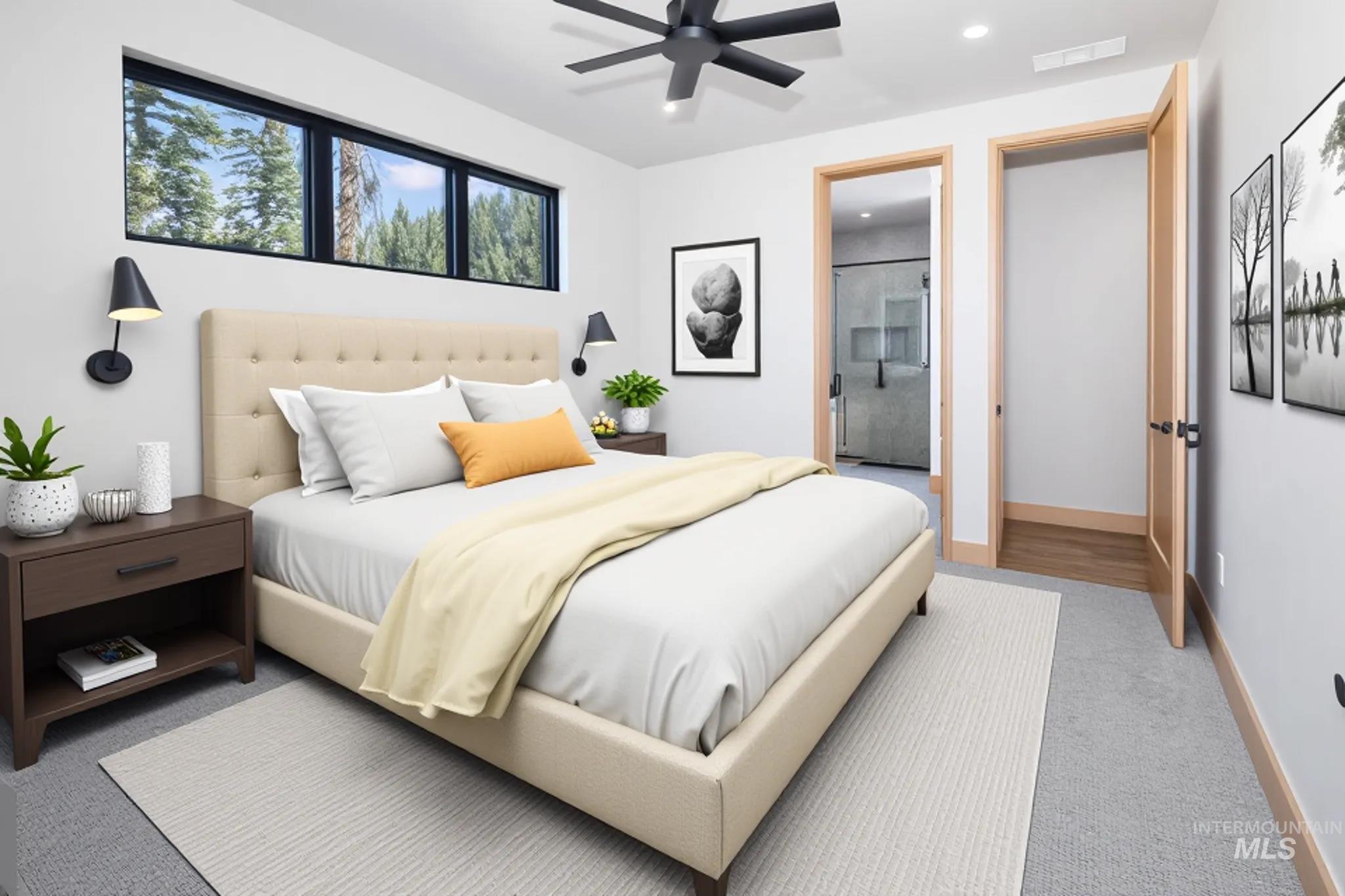 Bedroom featuring carpet floors, recessed lighting, ensuite bathroom, and ceiling fan