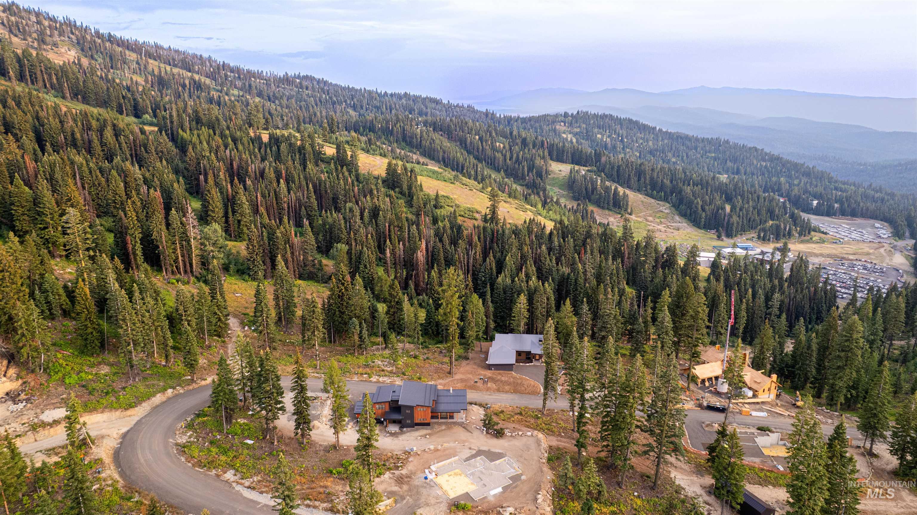 Aerial overview of property's location featuring a heavily wooded area and a mountain backdrop