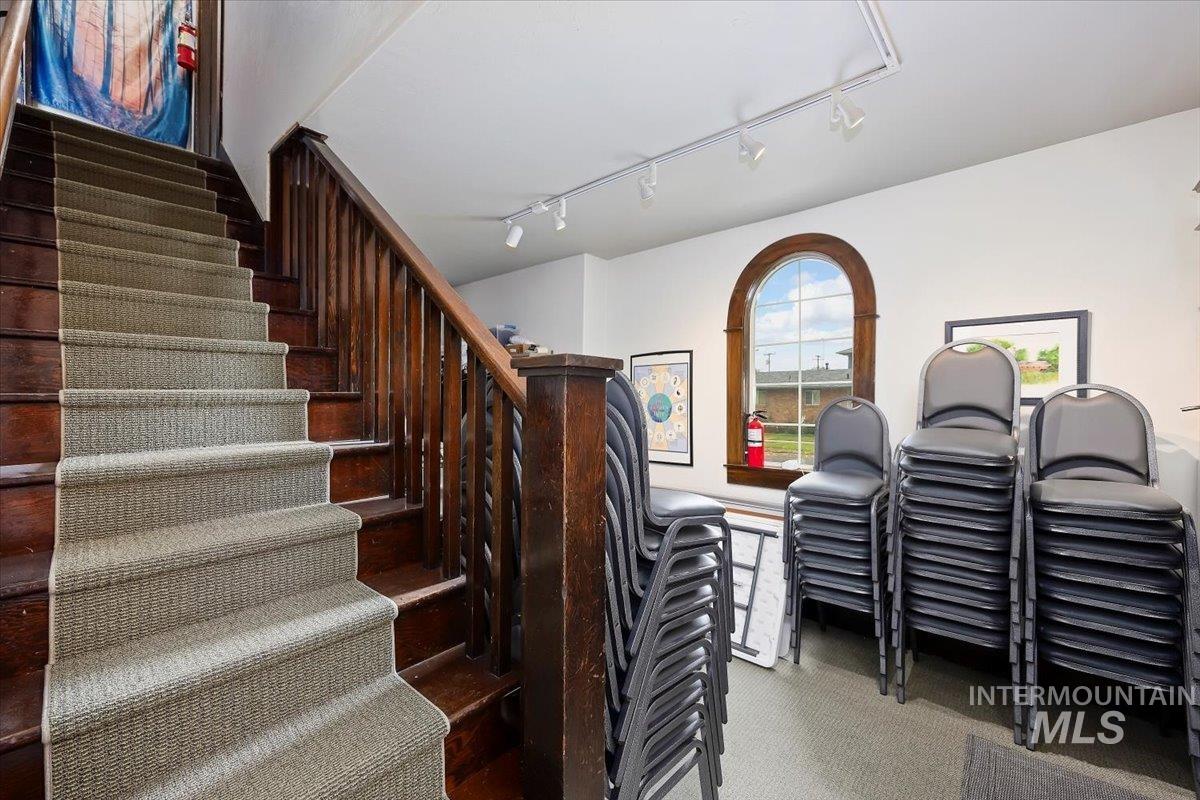 Staircase featuring carpet floors and rail lighting