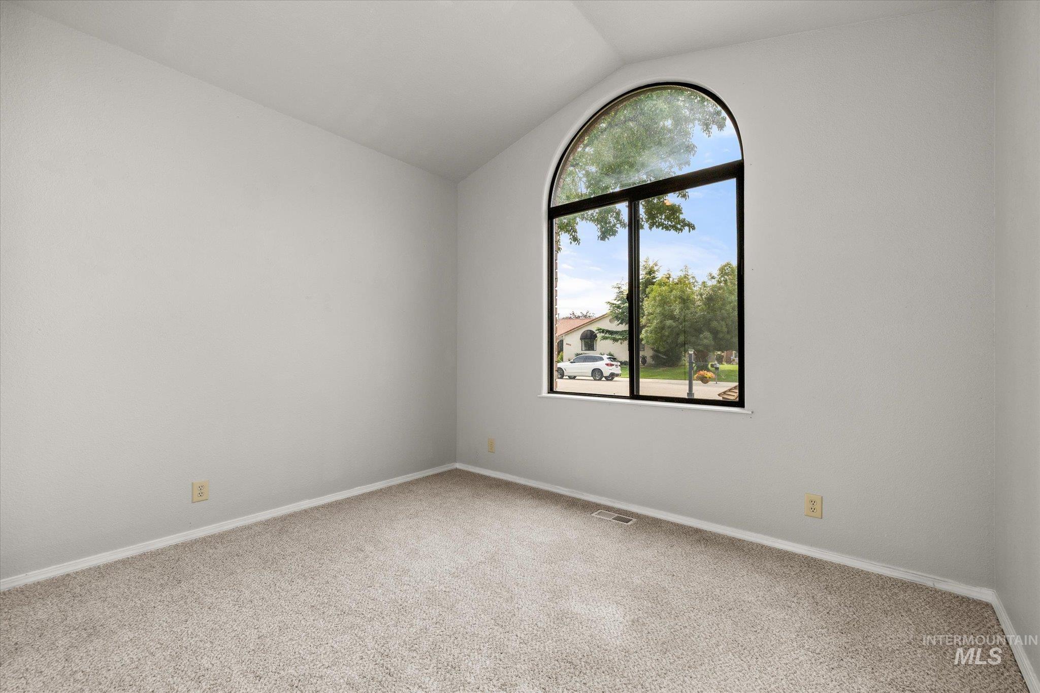 Spare room with vaulted ceiling and light carpet