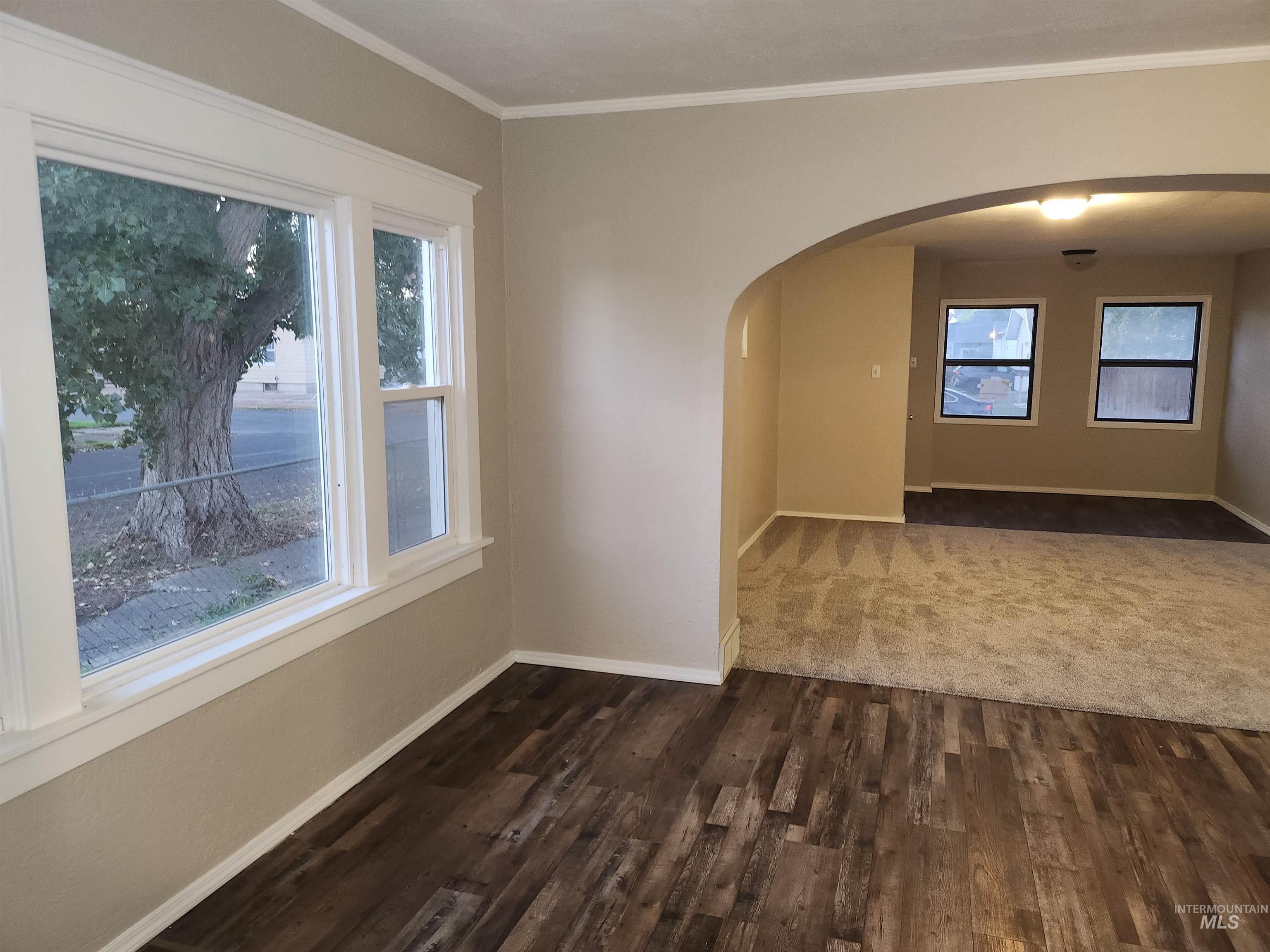Spare room with healthy amount of natural light, crown molding, arched walkways, and dark wood-style flooring