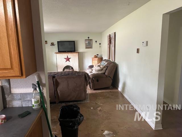 Living area featuring concrete flooring and radiator heating unit
