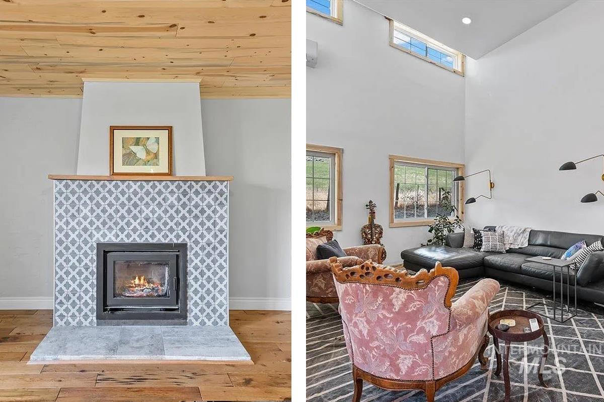 Living area featuring wood finished floors and a tile fireplace.  One on the right is the main home and the one on the left is the second home