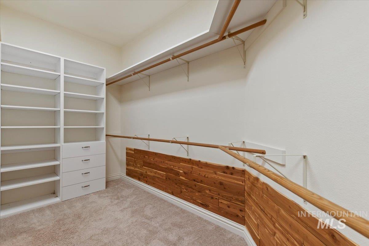 Walk in closet featuring light colored carpet