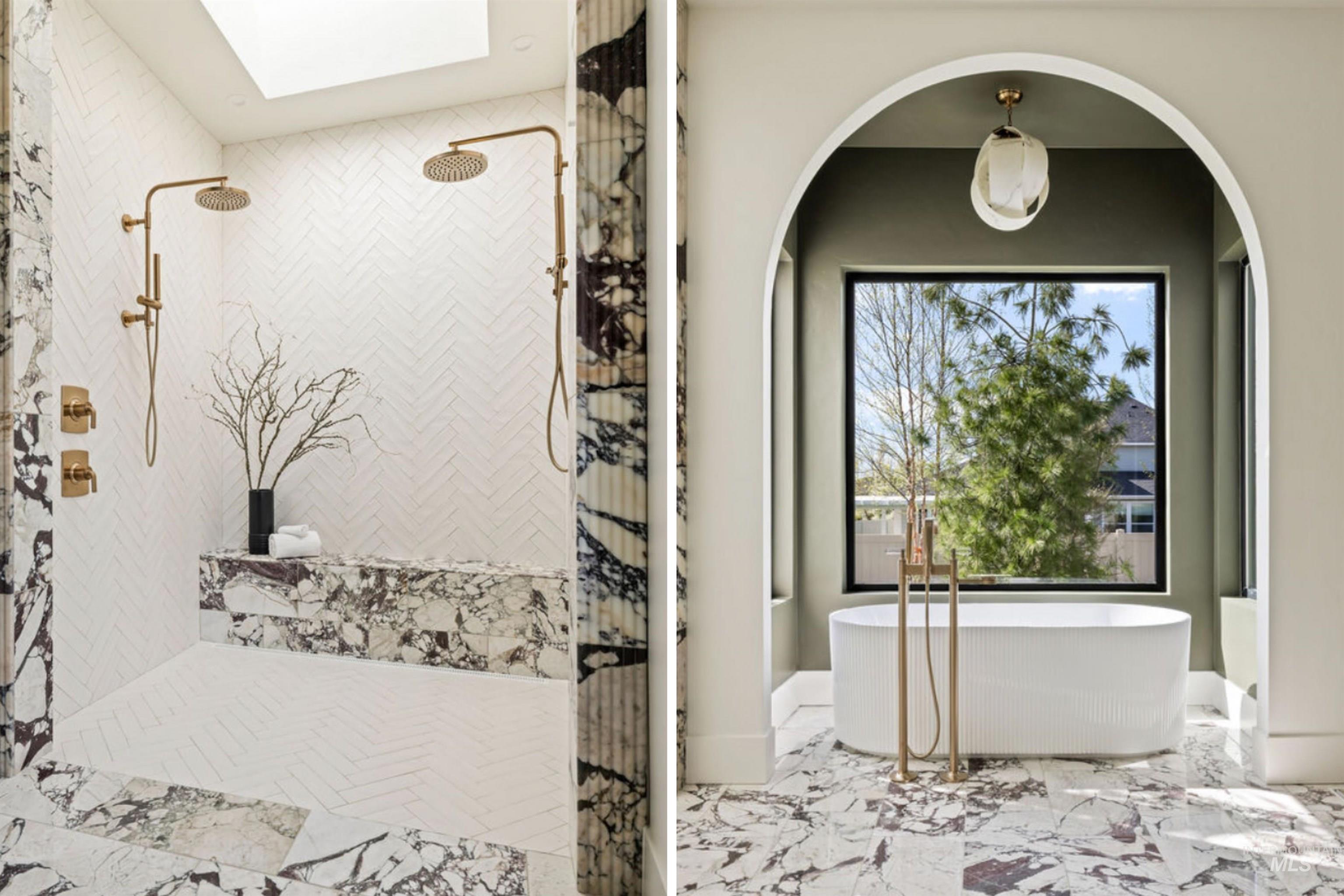 Bathroom with a walk in shower, a soaking tub, a skylight, and marble tiled flooring