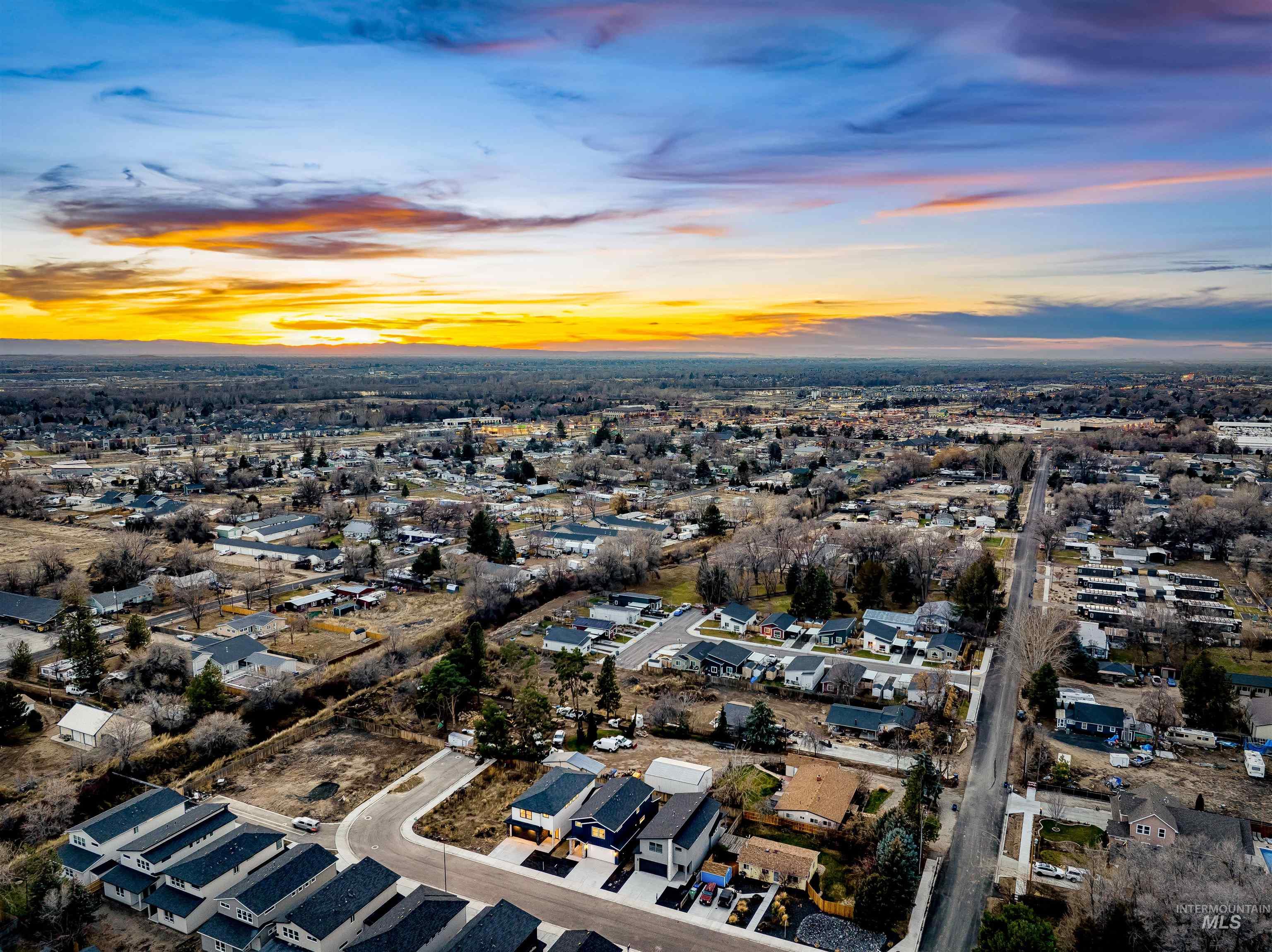 Aerial view at dusk of a residential view