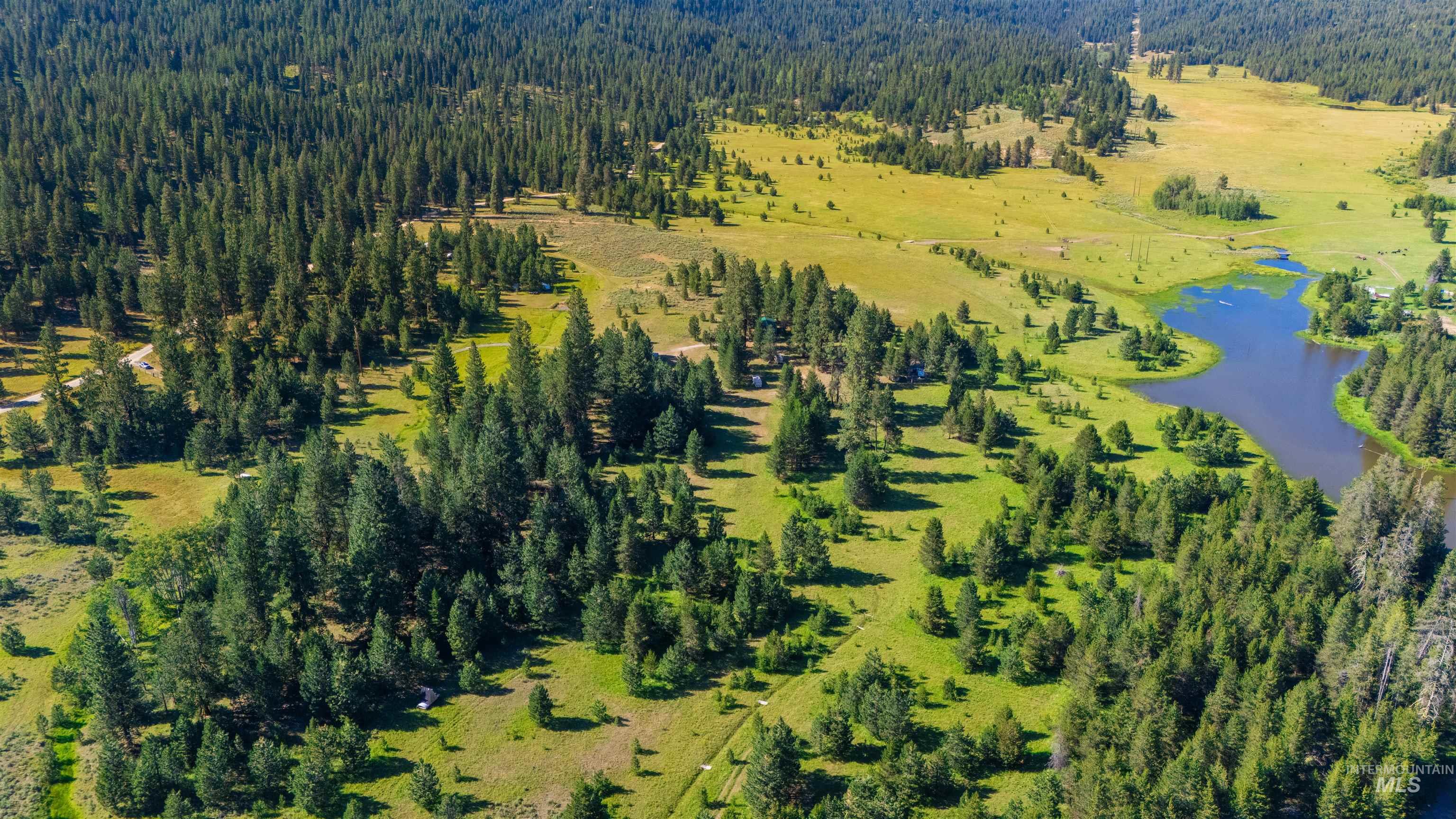 Bird's eye view of a heavily wooded area and a large body of water