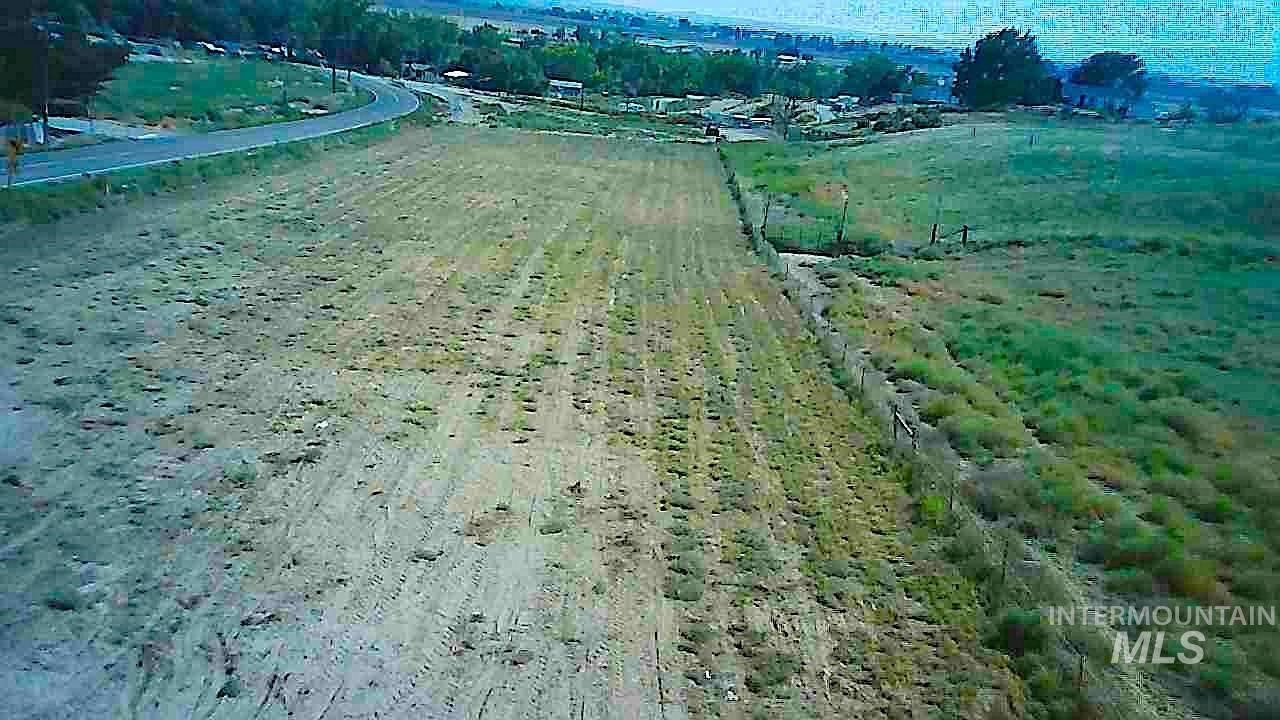 Overview of rural landscape featuring rows of crops