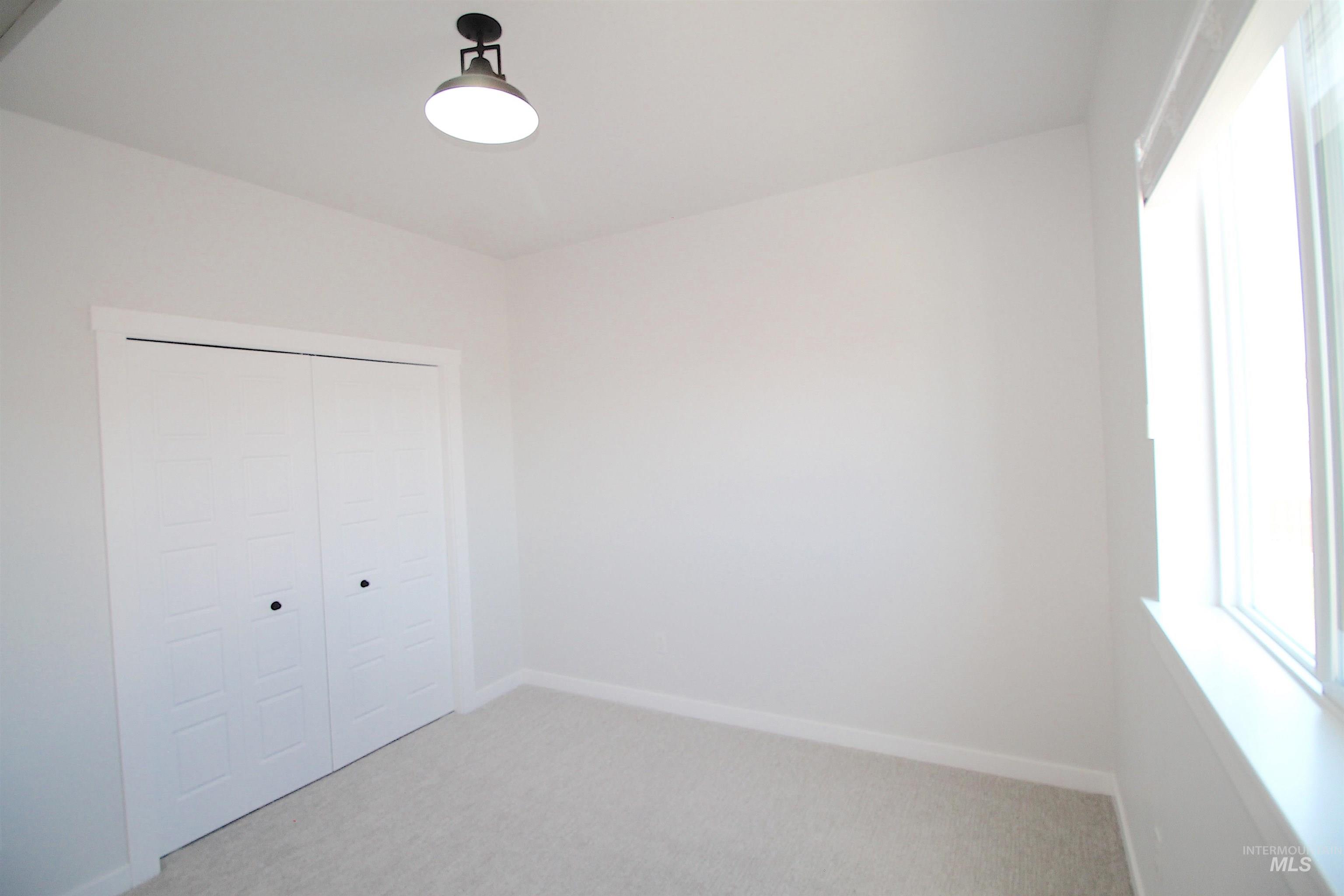 Room featuring light-colored carpeting, a window with natural light, and a ceiling-mounted industrial-style light fixture