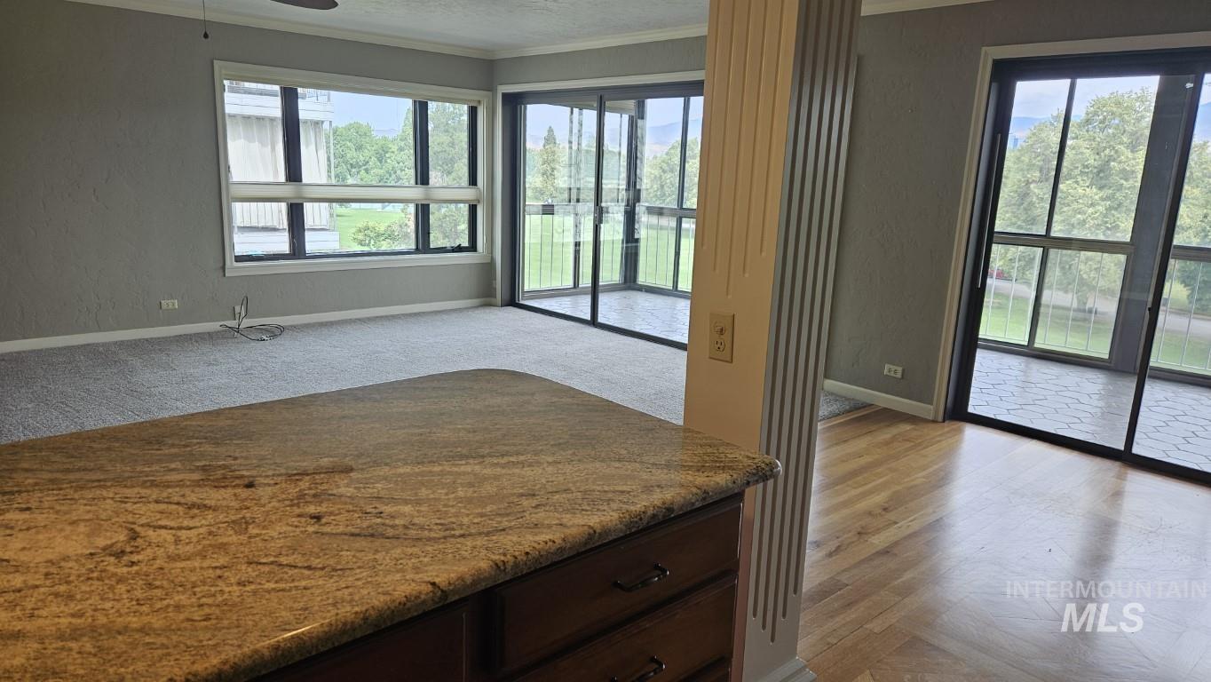 Kitchen with crown molding, light stone countertops, ceiling fan, dark brown cabinetry, and a textured wall
