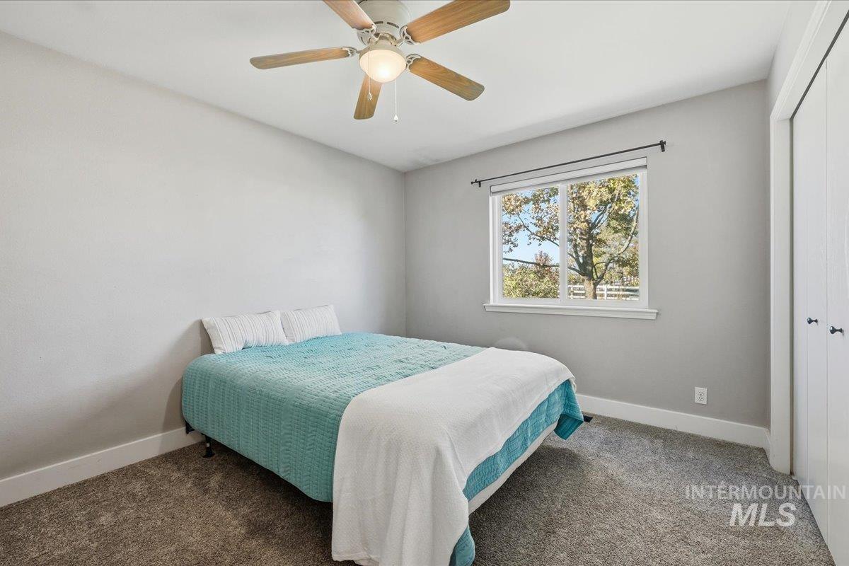 Bedroom featuring carpet floors, ceiling fan, and a closet