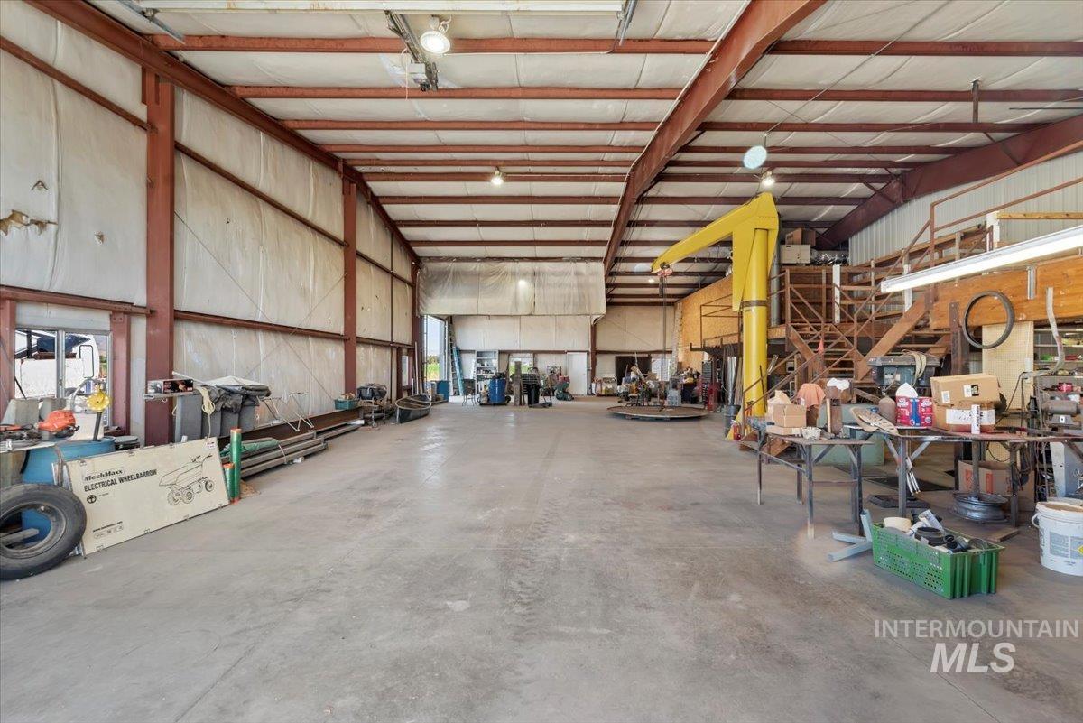 Garage featuring metal wall
