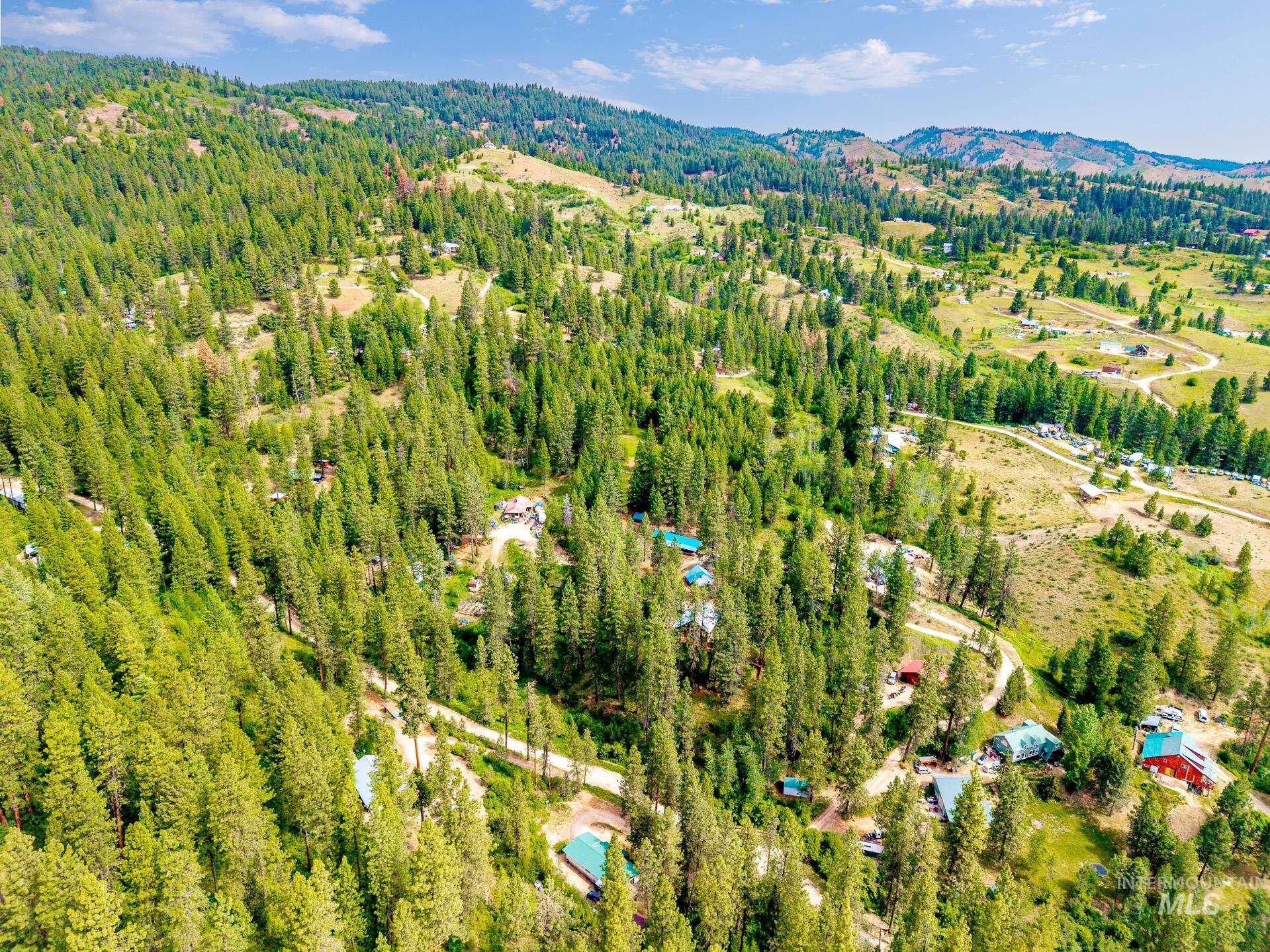 Expansive mountainous terrain featuring dense evergreen forests and scattered clearings