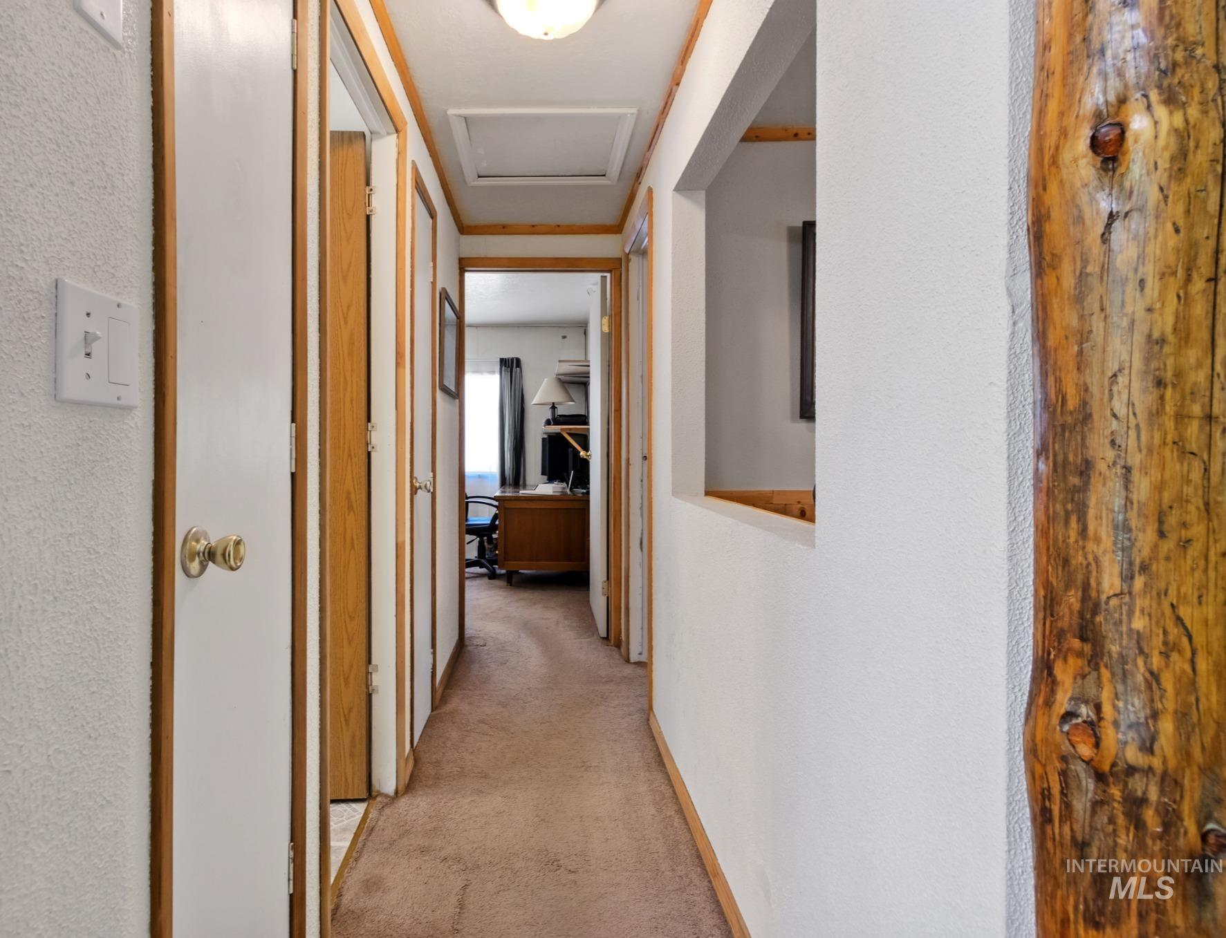 Hallway featuring wood-trim door frames, carpet flooring, a wall-mounted light fixture, and an attic access panel